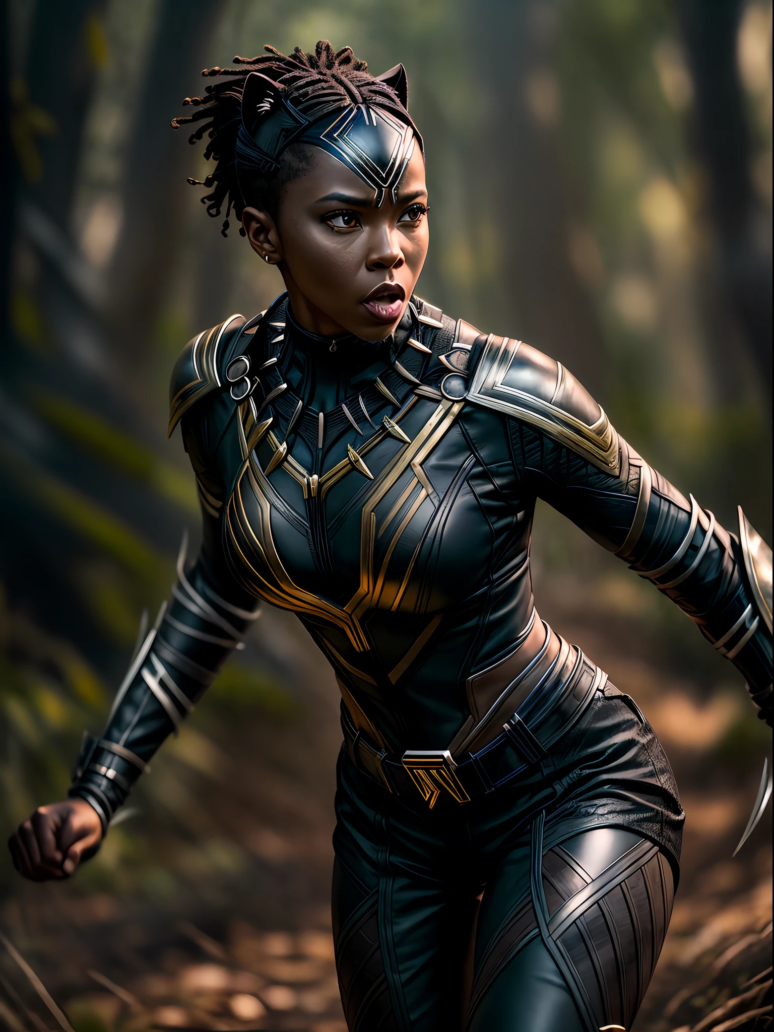 A female humanoid black panther  warrior in tight leather pants and silver chest armor, in a combat stance, extending her sharp claws as she runs towards the camera, with speed lines trailing behind her. The scene is set in a forest, sexy，with fierce determination in her eyes and glossy fur. Her clothing is adorned with various totemic symbols, creating a realistic effect with cinematic lighting.dynamic atmosphere, vibrant colors, high contrast, Sony A7S III camera, Kodak Portra 800 film, 50mm lens, motion blur, Zack Snyder, Patty Jenkins, James Wan, Alexander McQueen, Tom Ford