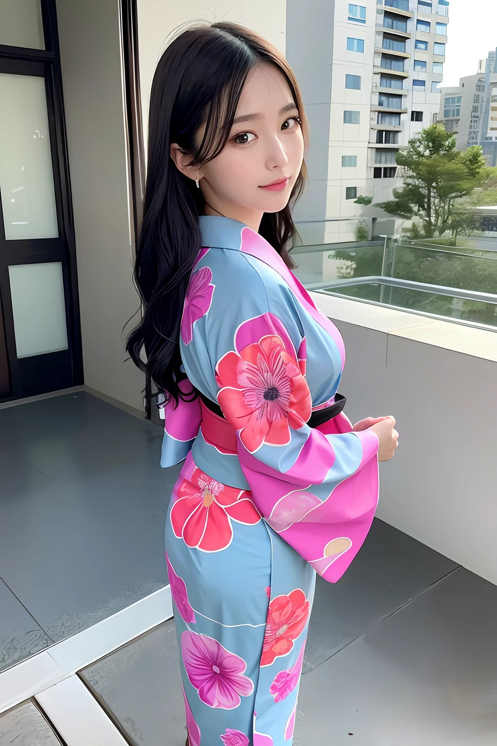 (8K)、(Top image quality:1.2)、(reallistic)、(Photorealsitic:1.37)、The ultra -The high-definition、1girll、Beautiful details、Beautiful nose in every detail、full body Esbian、hair arrange、Hair kanzashi、Mixing black and gray hair、Window side of a high-rise apartment building、posterior view、165cm、50kg、Colorful kimono_Clothes:1.Wearing 3、full body Esbian、Yukata in gentle colors