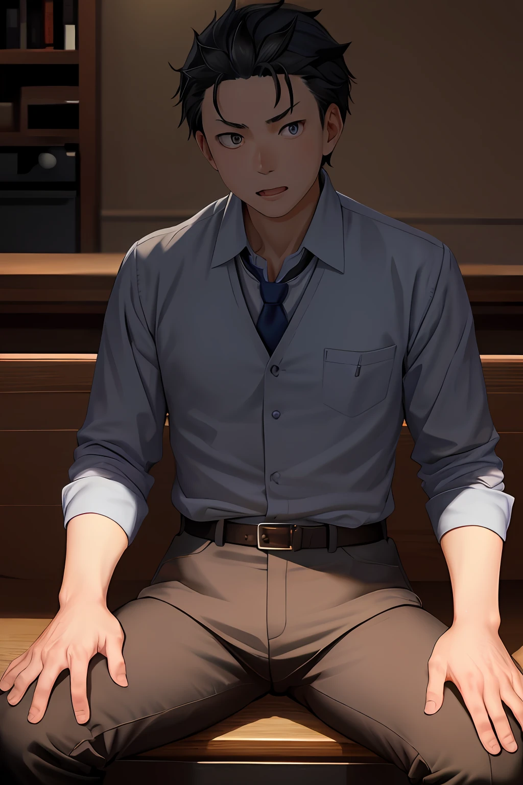 (1 Adult male),A high resolution, Sharp focus, Pixiv masterpiece, ((Complicated details)), highly detailed, natsuki_subaru, 1 man, with her mouth open,full bodyesbian,sit astride, Blue eyes(glowing light eyes), with short white hair,white shirt,Wear a tie,Wear a belt,perspire,look from down