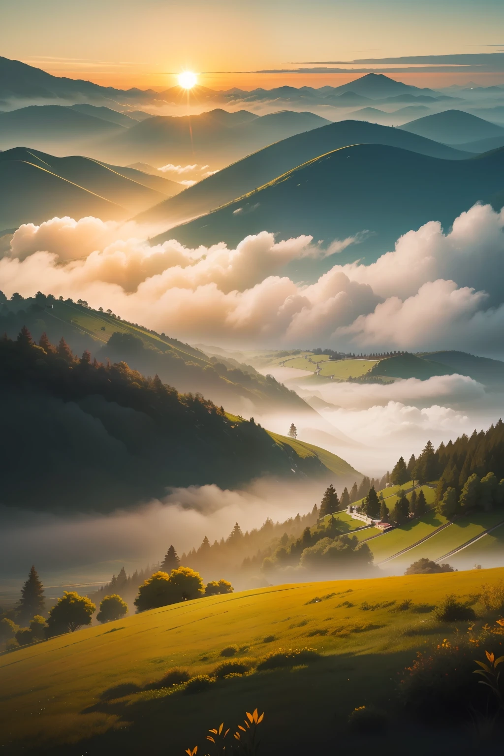 Please raise white tea according to the "Sea Mist，Dawn sees the sun。This sentence matches a 2D minimalist illustration。There are clouds and mist between the vista mountains，The sun breaks through the clouds，The sky is a mix of orange and yellow。There is tea tree in the foreground，The scene is full of movement，breath-taking，Immerse yourself in a calm atmosphere，Let the tranquil surroundings surround you。