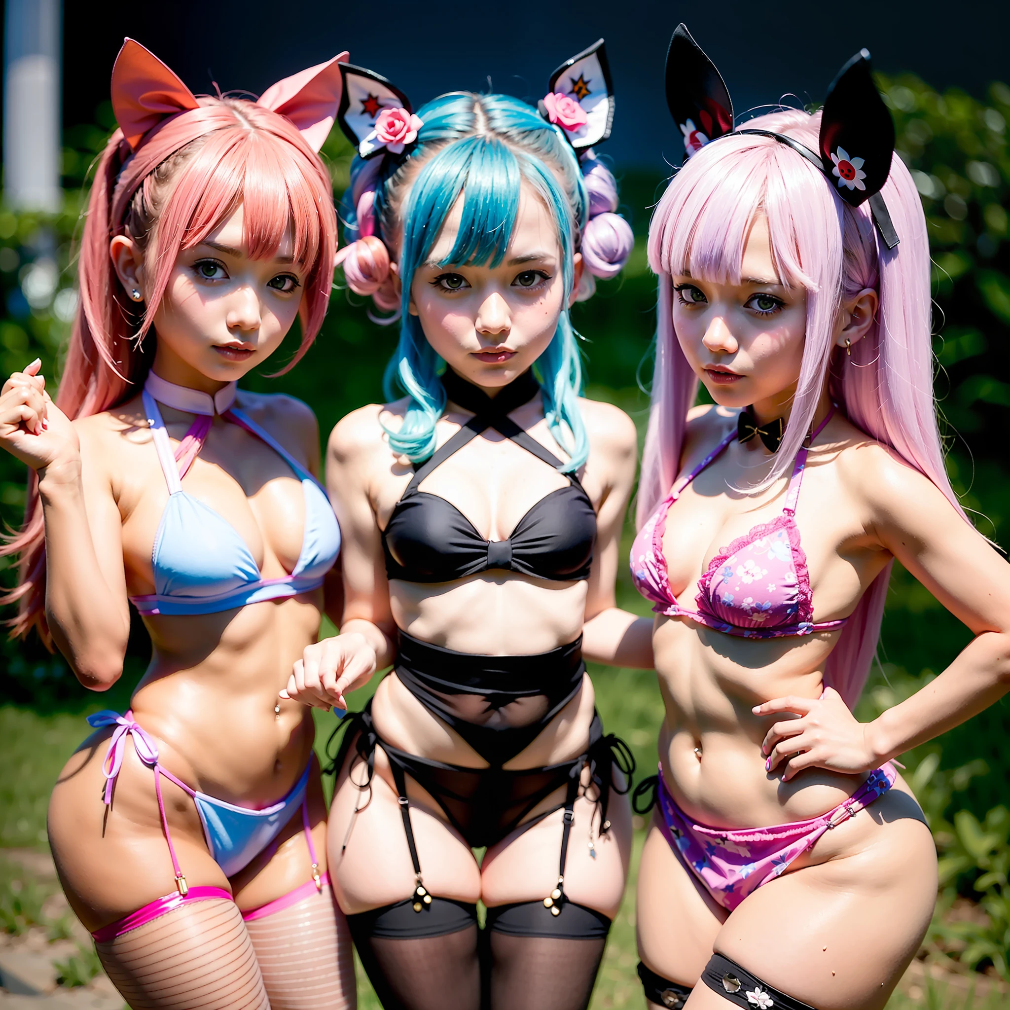Two sycophant bikini Amy wearing stockings host show s, pink two-tailed hair and cyan eyes, anime little girlt costumes