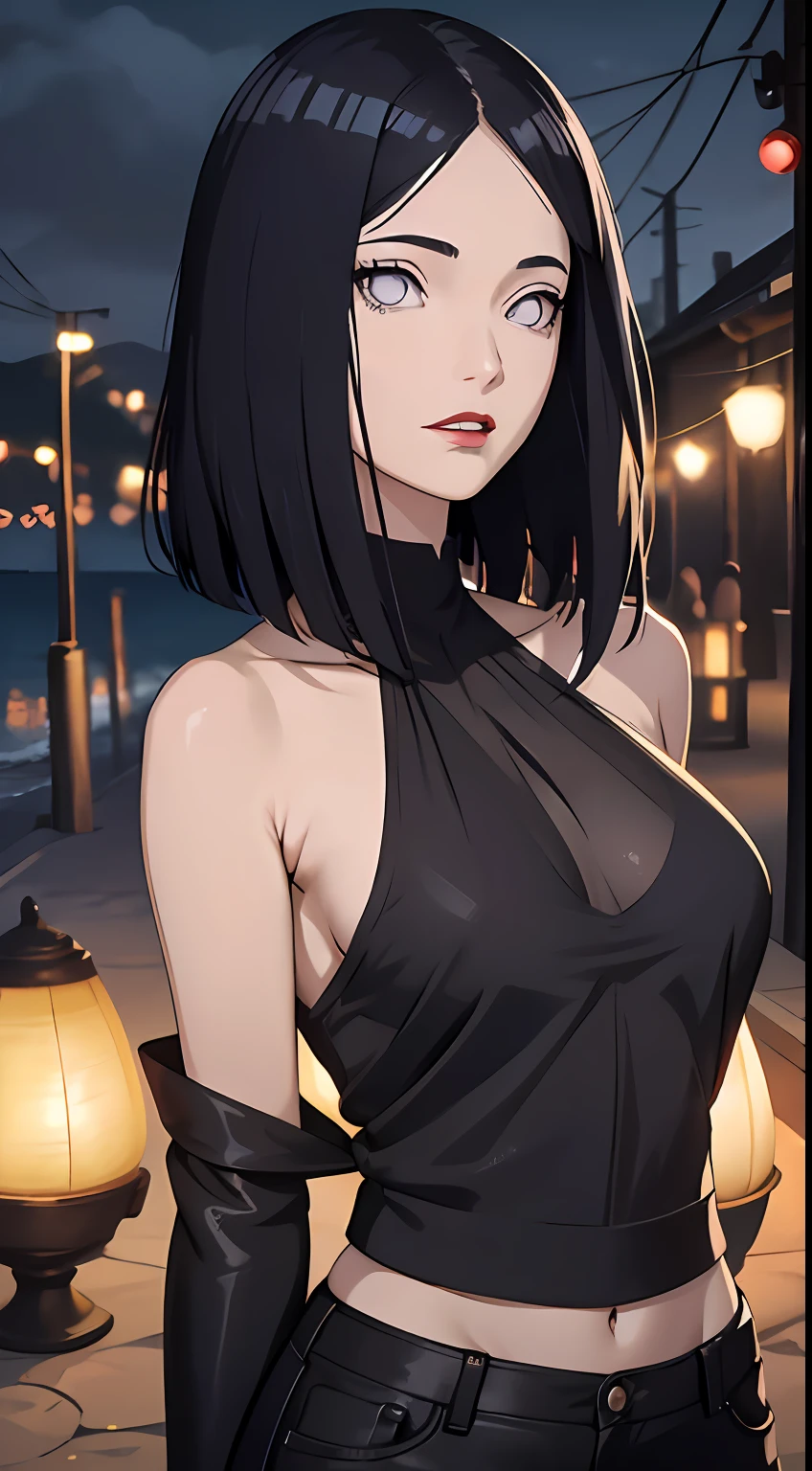 tmasterpiece, Johnny Depp walks across the beach at night among fireflies，brassier，sea beach，nigth, (high detal:1 1), Rough face, Natural skin, high qulity, ,Naruto，Hinata，Black color hair，Straight hair，（Purple clothes：1.5）upperbody closeup，White eyes，Black pants，（:1.1），(Skinny figure:1.4)，(Red lips:1.3)，（Off-the-shoulder attire:1.5），（ssmile:1.5），(Be red in the face:1.4)，（cleavage:1.4），Purple clothes，beautidful eyes, (Detailed face and eyes), noises,Extra, real photograph,Lamp film photography, sharp fokus, contrasty lighting, Delicate skin, High resolution 8K, insanely details, realisticlying, professional photoshooting, 8K  UHD, SLR camera, softlighting, high high quality, filmgrain, Fujifilm XT3，Keep one's mouth shut，particle fx