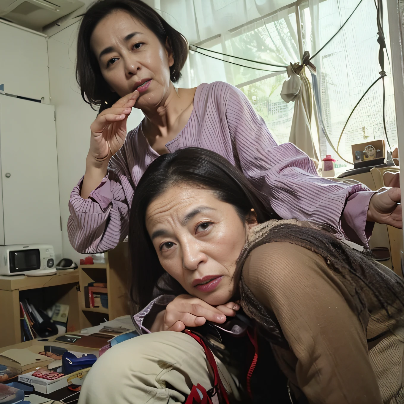 ((top-quality、8K分辨率、Master masterpiece、Portrait:1.3)), Photorealsitic, 35㎜ film, 1 Japan Woman, Beautie, 47 years old, Shorthair, Wrinkles at the corners of the eyes, Plump body, ((Posture in which panties can be seen :1.5)) , (Half-eaten food: 1.3), Jumbled background, dark backgrounds, Messy room