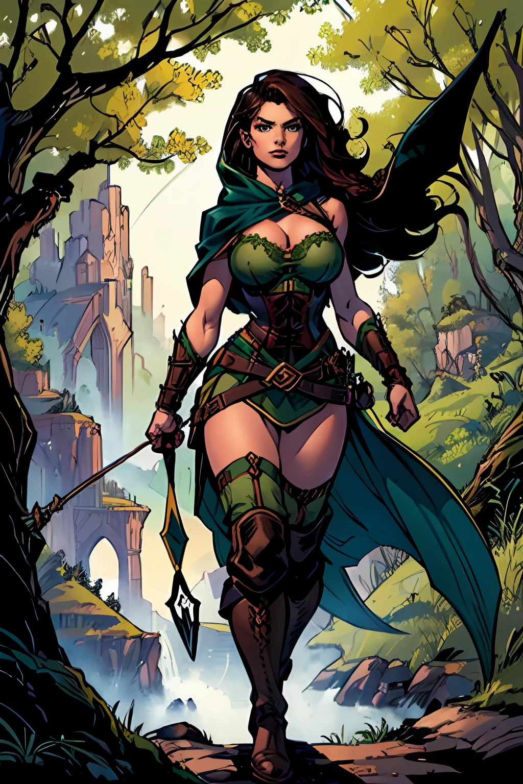 (masterpiece, top quality, best quality, official art, beautiful and aesthetic:1.2), (1girl:1.3), dark brown hair in a single braid, extremely detailed, portrait, looking at viewer, solo, (full body:0.6), detailed background, close up, cat eyes, (warm summer forest theme:1.1), elf ranger, charlatan, smirk, mysterious, walking in forest, revealing ranger attire, brown leather, cowl, cloak, corset, long boots, buckles, straps, pouches, bow and arrow, green fabric, brown leather, ((gigantic breasts, skindentation)), slim waist, slim hips, long legs, medieval (forest exterior:1.1) background, dark mysterious lighting, shadows, magical atmosphere, dutch angle