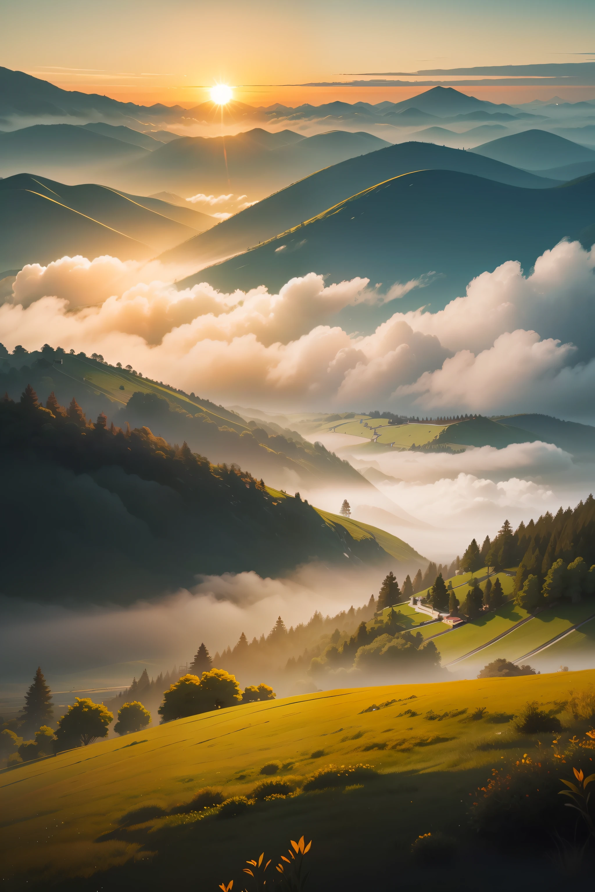 Please raise white tea according to the "Sea Mist，Dawn sees the sun。This sentence matches a 2D minimalist illustration。There are clouds and mist between the vista mountains，The sun breaks through the clouds，The sky is a mix of orange and yellow。There is tea tree in the foreground，The scene is full of movement，breath-taking，Immerse yourself in a calm atmosphere，Let the tranquil surroundings surround you。