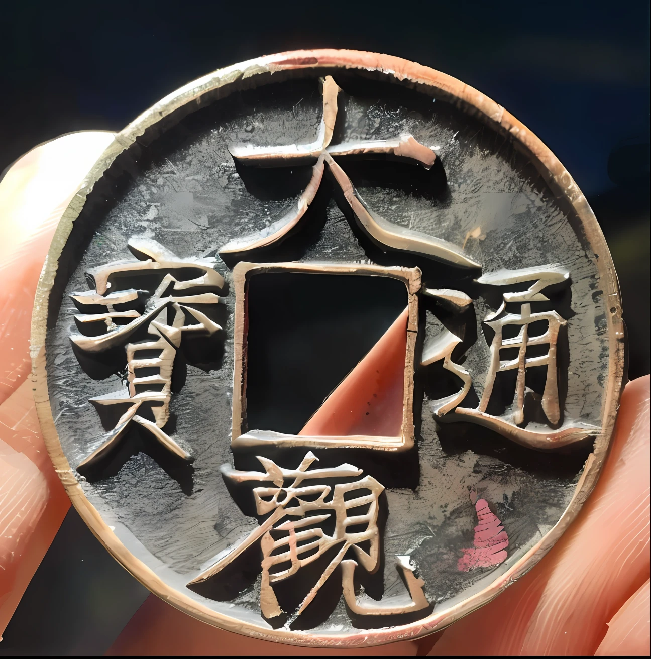A close-up of a person holding a coin with Chinese handwriting, Coins。Ancient coins，the watercolor style，watercolor paiting，ink and watercolor painting