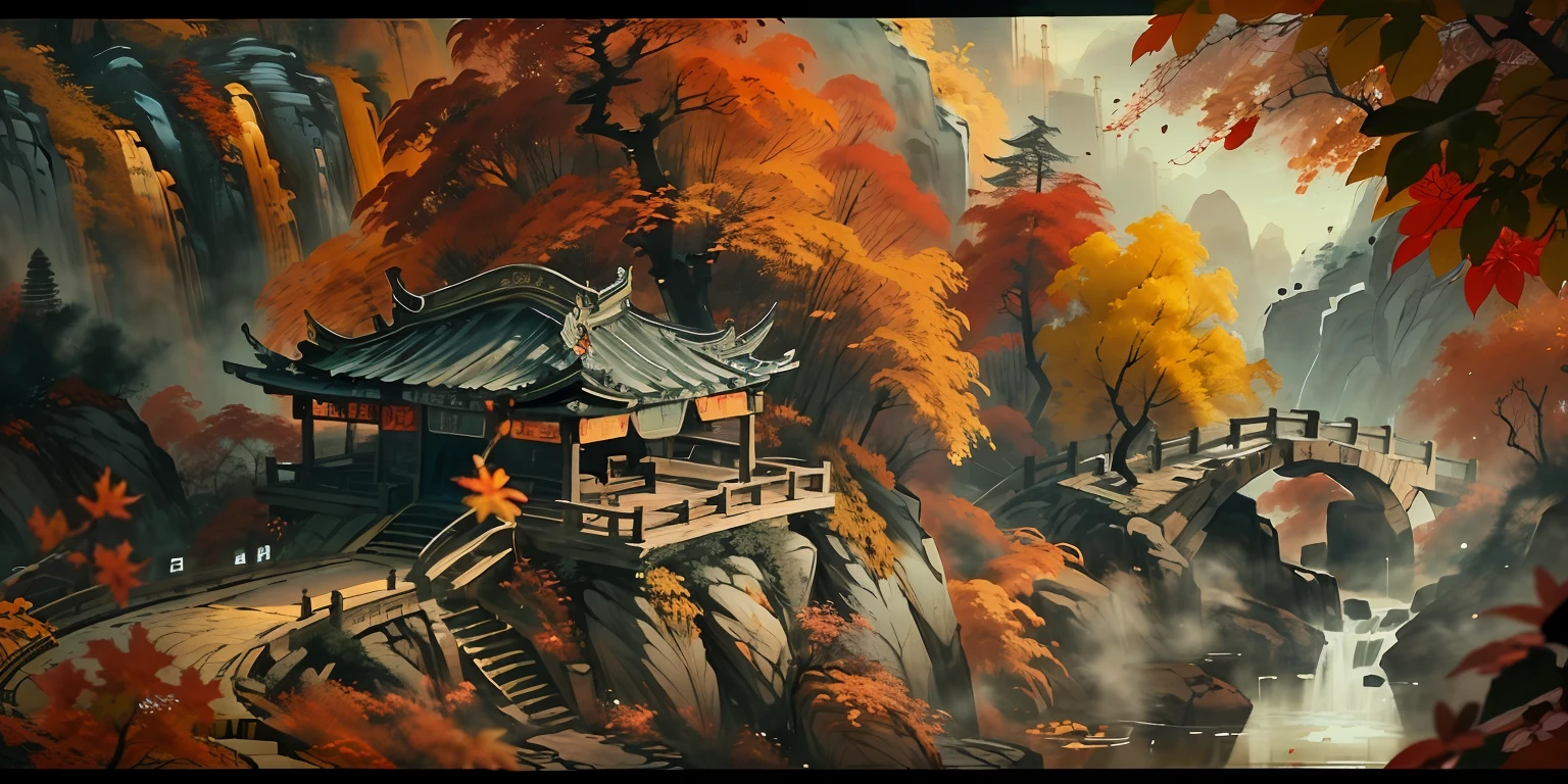 (super wide shot),(Best Masterpiece),8K,An ancient Chinese town nestled in the hills of the mountains,Densely wooded,Red leaves,The stream is babbling,The visuals are beautiful and beautiful,full of sunlight,Autumn landscape,Greenish-yellow,fall foliage,