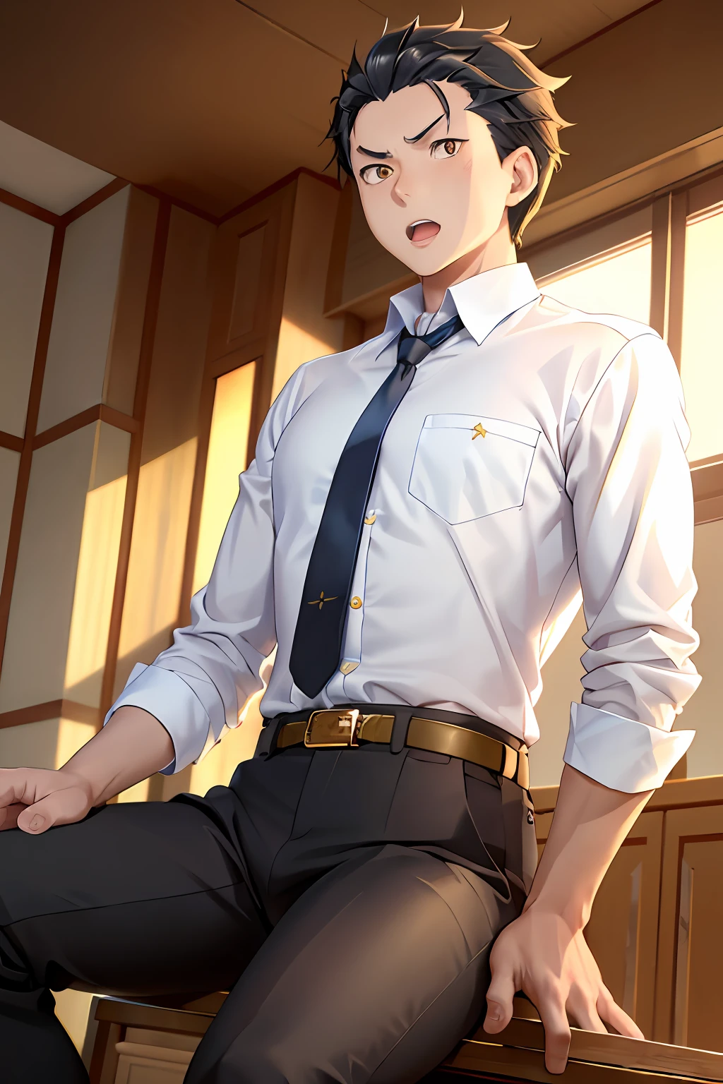 (A man with a wide open mouth:1.5),HD Natsuki Subaru style Pixiu masterpiece,Extremely detailed,Man sits straddling,Golden eyes(Glowing eyes),with short golden hair,in a white shirt,Wear a tie and belt,perspire,The angle of view is taken from below。