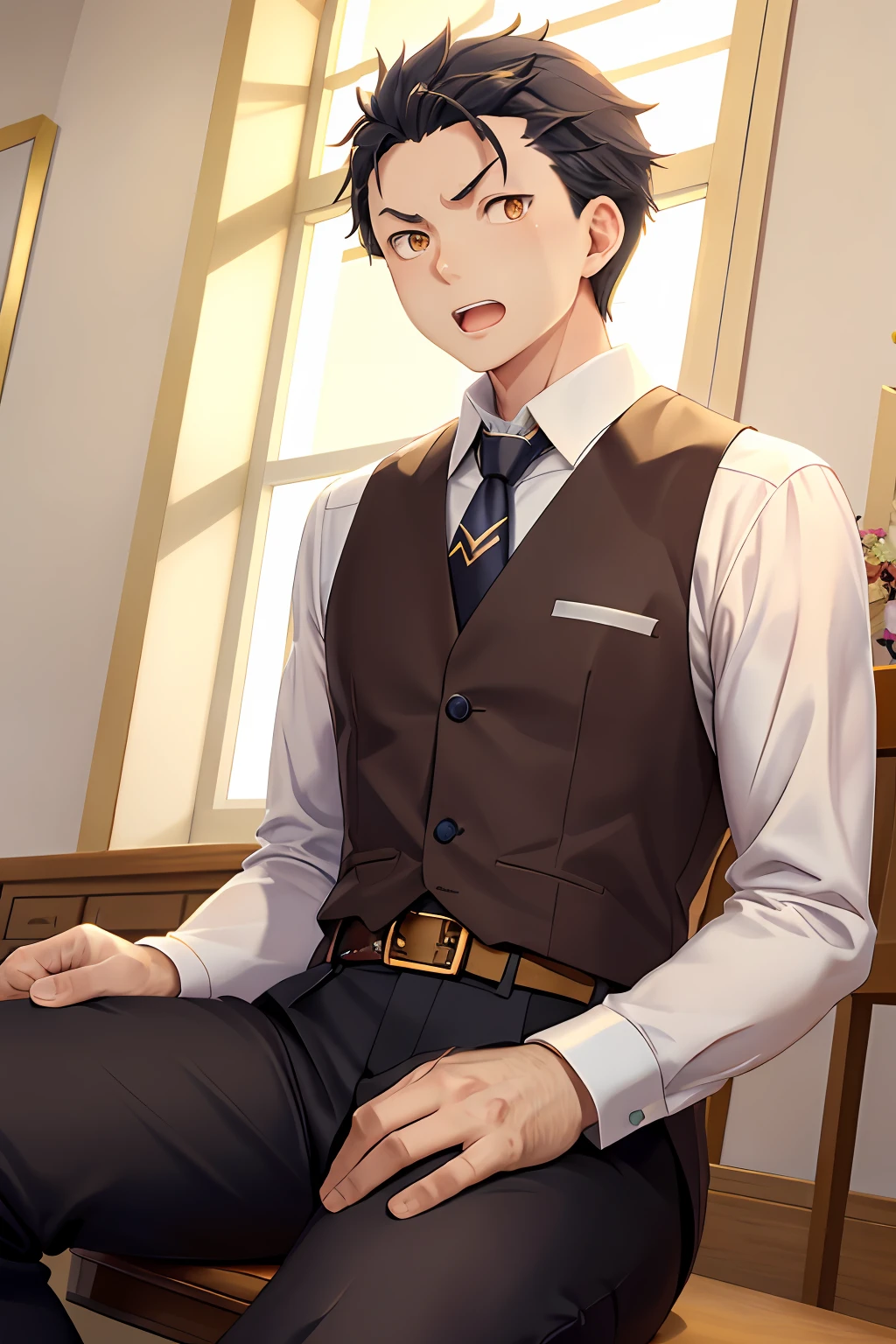 （A man with a wide open mouth：1.5），HD Natsuki Subaru style Pixiu masterpiece，Extremely detailed，Man sits straddling，Golden eyes（Glowing eyes），with short golden hair，in a white shirt，Wear a tie and belt，perspire，The angle of view is taken from below。