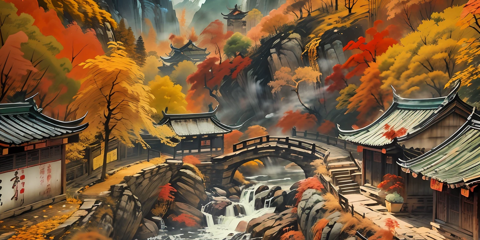 （super wide shot），（Best Masterpiece），8K，An ancient Chinese town nestled in the hills of the mountains，Densely wooded，Red leaves，The stream is babbling，The visuals are beautiful and beautiful，full of sunlight，Autumn landscape，Greenish-yellow，fall foliage，