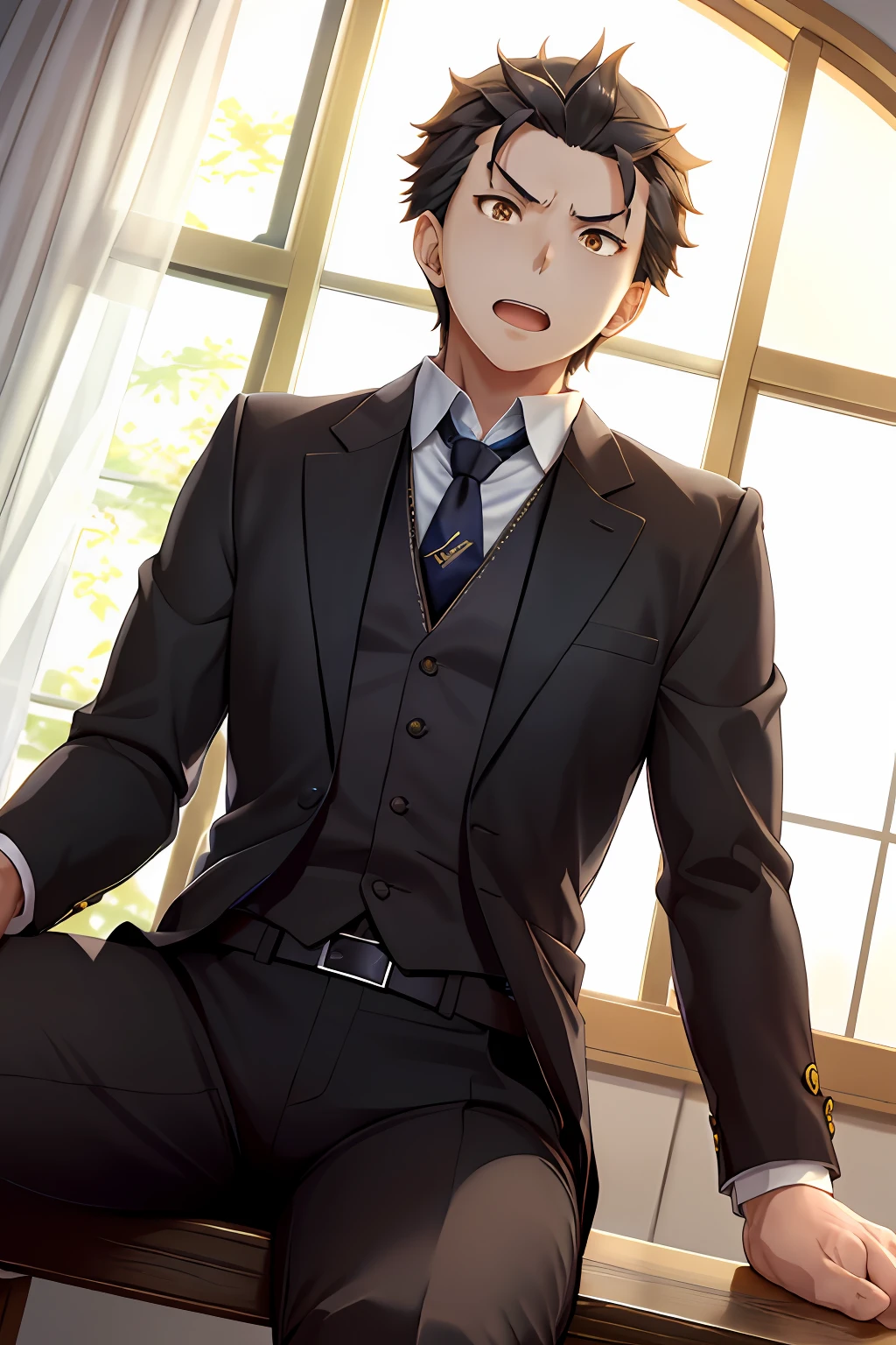（A man with a wide open mouth：1.5），HD Natsuki Subaru style Pixiu masterpiece，Extremely detailed，Man sits straddling，Golden eyes（Glowing eyes），with short golden hair，in a white shirt，Wear a tie and belt，perspire，The angle of view is taken from below。