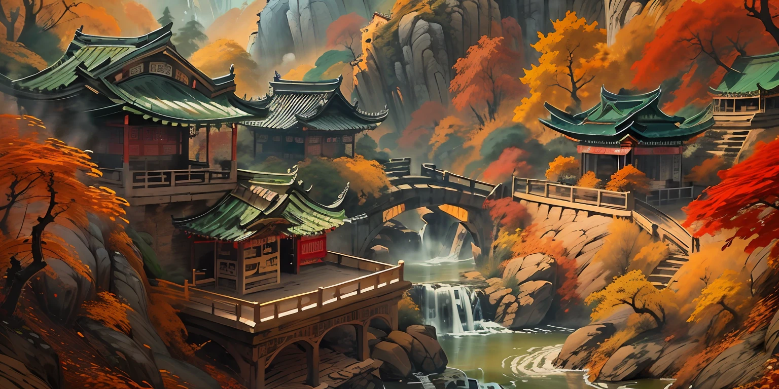 （super wide shot），（Best Masterpiece），8K，An ancient Chinese town nestled in the hills of the mountains，Densely wooded，Red leaves，The stream is babbling，The visuals are beautiful and beautiful，full of sunlight，Autumn landscape，Greenish-yellow，fall foliage，