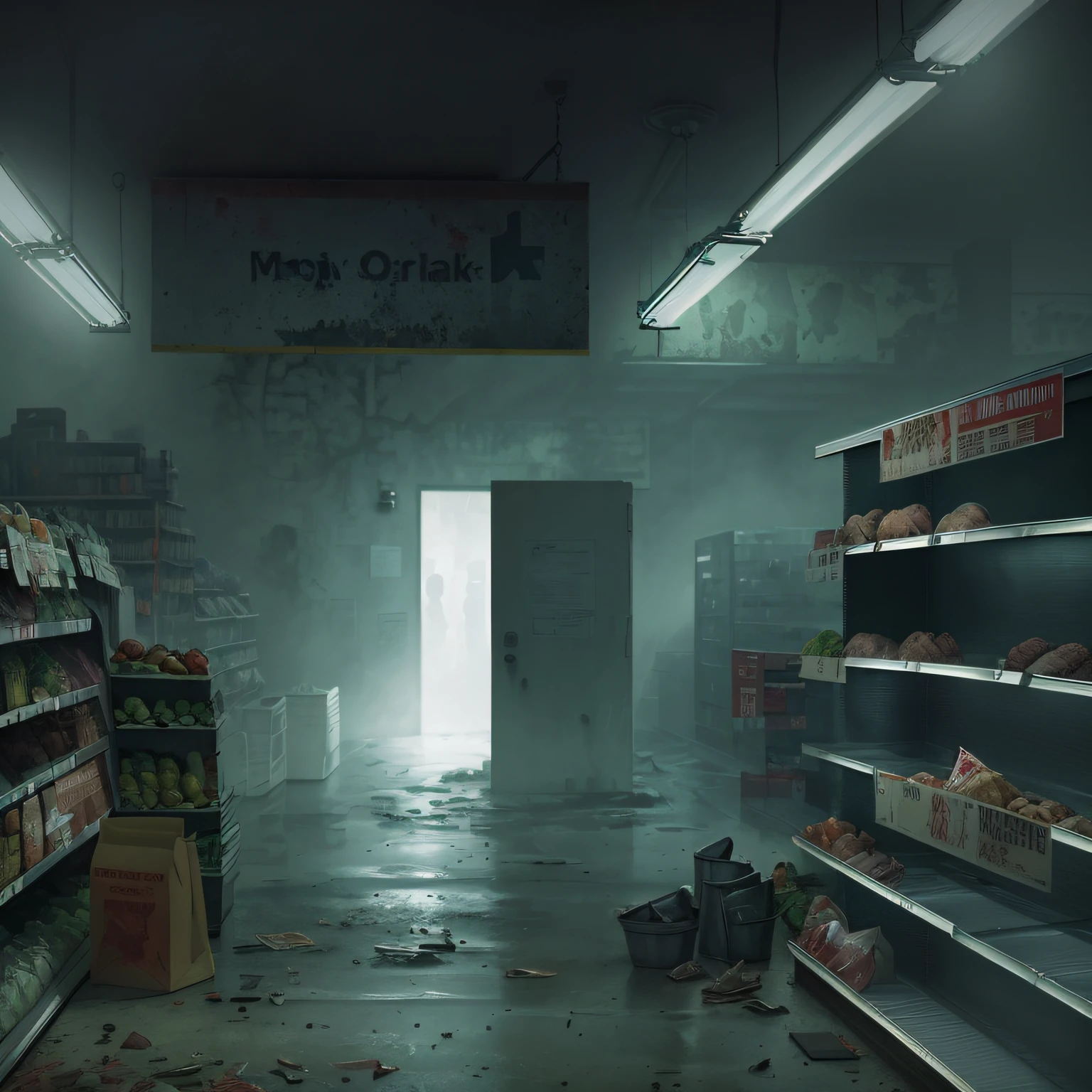 Clean and empty supermarket,photorealistic dark concept art, eerie nostalgic concept art, A post-apocalyptic shopping mall, highly realistic concept art, Dystopian digital concept art, silent hill concept art, author:Maxim Verekin, photorrealistic concept art, post apocalyptic atmosphere, detailed atmospheric and gritty