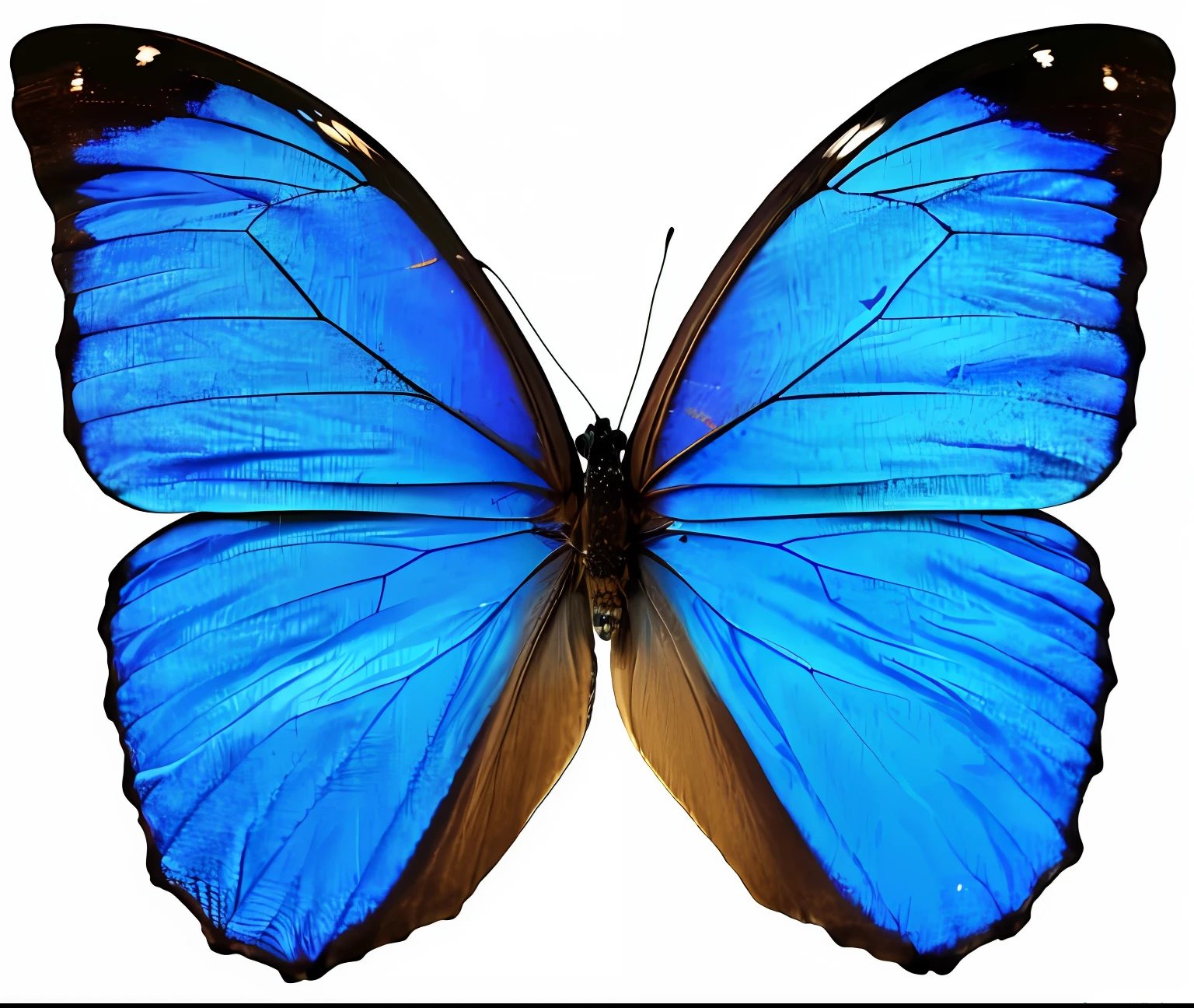 Close up of blue butterfly with black and brown wings, beautiful opened wings, Butterfly wings, Transparent wings, Butterfly, Translucent wings, front side view full sheet, Beautiful photo, Glowing blue butterfly,