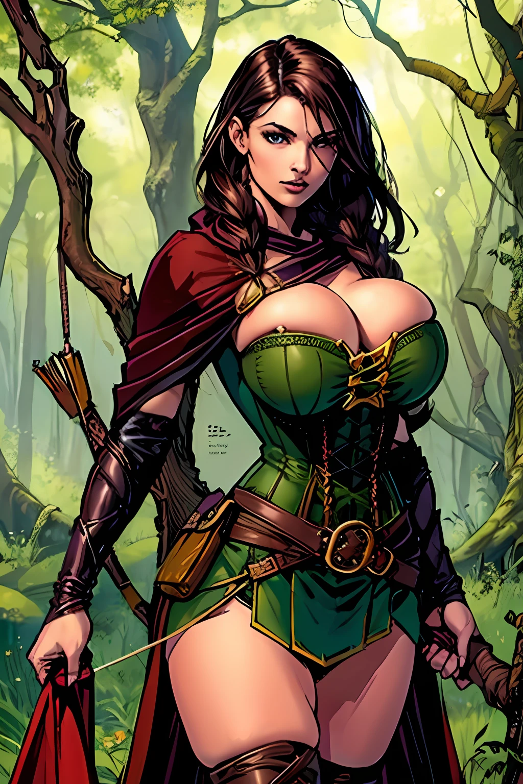 (masterpiece, top quality, best quality, official art, beautiful and aesthetic:1.2), (1girl:1.3), dark brown hair in a single braid, extremely detailed, portrait, looking at viewer, solo, (full body:0.6), detailed background, close up, cat eyes, (warm summer forest theme:1.1), elf ranger, charlatan, smirk, mysterious, walking in forest, revealing ranger attire, brown leather, cowl, cloak, corset, long boots, buckles, straps, pouches, bow and arrow, green fabric, brown leather, ((gigantic breasts skindentation)), slim waist, slim hips, long legs, medieval (forest exterior:1.1) background, dark mysterious lighting, shadows, magical atmosphere, dutch angle