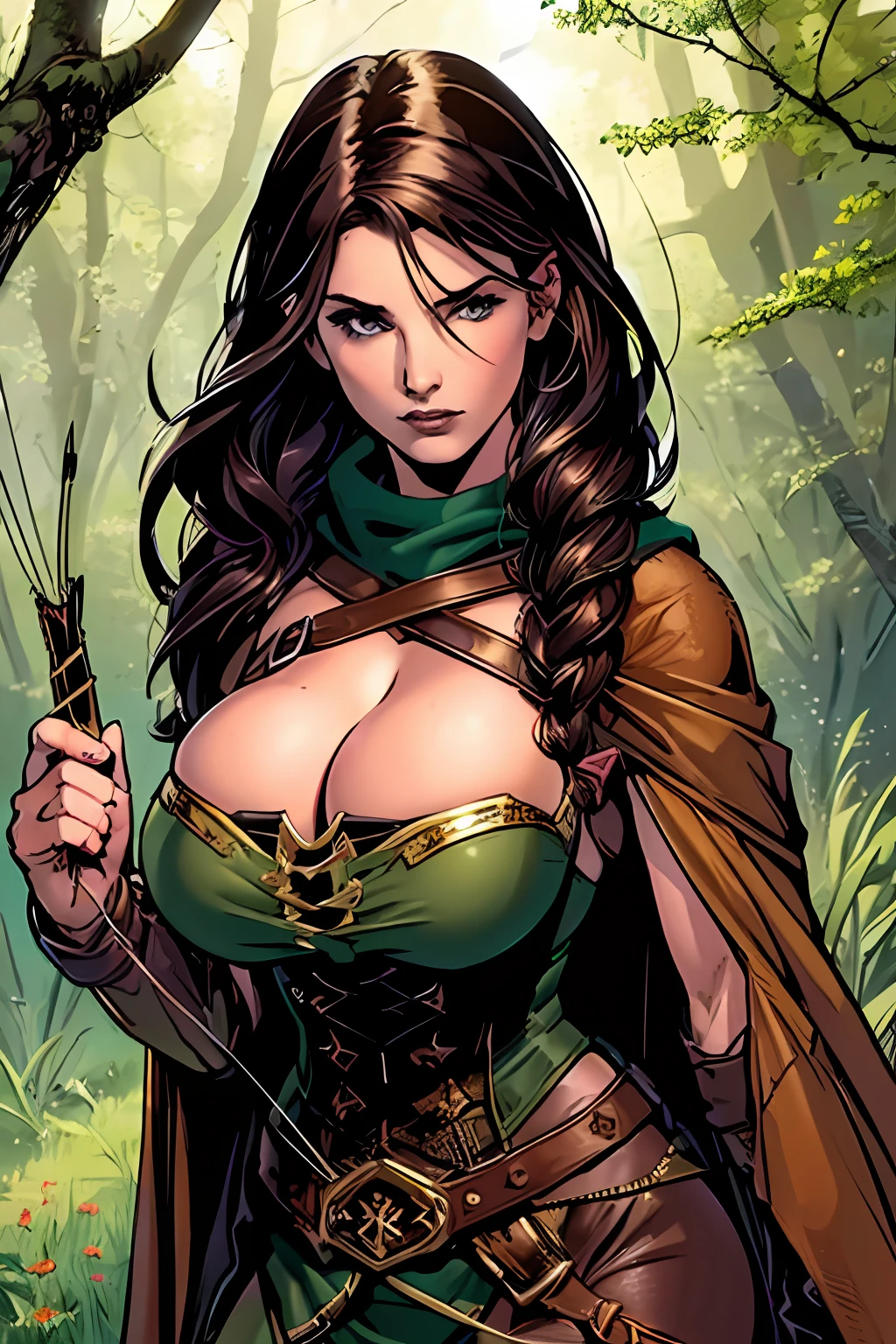 (masterpiece, top quality, best quality, official art, beautiful and aesthetic:1.2), (1girl:1.3), dark brown hair in a single braid, extremely detailed, portrait, looking at viewer, solo, (full body:0.6), detailed background, close up, cat eyes, (warm summer forest theme:1.1), elf ranger, charlatan, smirk, mysterious, walking in forest, revealing ranger attire, brown leather, cowl, cloak, corset, long boots, buckles, straps, pouches, bow and arrow, green fabric, brown leather, ((gigantic skindentation)), slim waist, slim hips, long legs, medieval (forest exterior:1.1) background, dark mysterious lighting, shadows, magical atmosphere, dutch angle