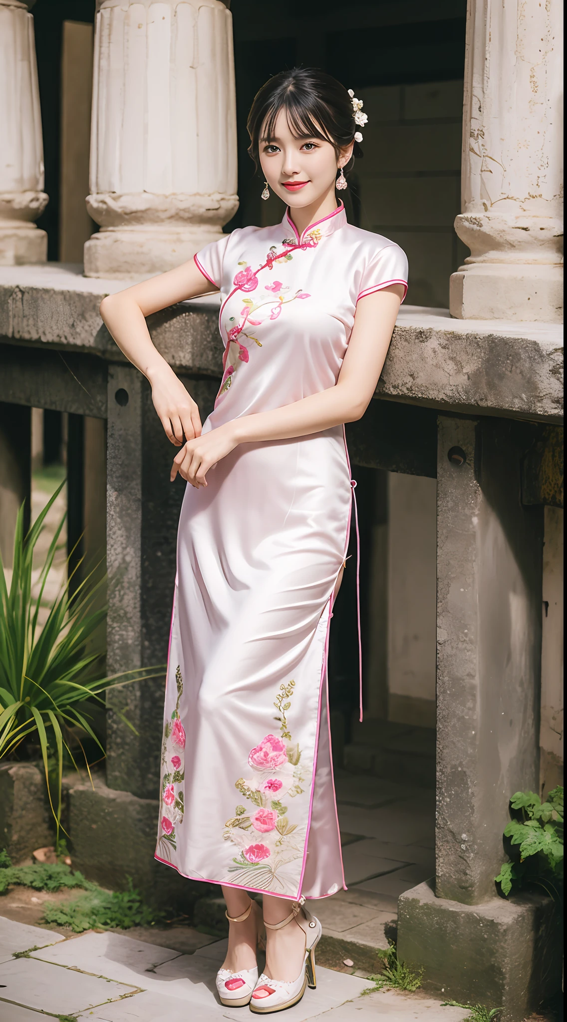 (best qualtiy,8K,32K,tmasterpiece,realisticlying,The is very detailed, hyper HD:1.2), (1girll), Young and beautiful beauty,Bright eyes,High nose,Well-proportioned facial features,ssmile, (Pink embroidered cheongsam, stocklings,standing on your feet:1.2), long leges,ear studs,A delicate face,The five features are distinct,Fair and smooth skin,Jet black hair,(Ancient city walls,City Gate),The roles are very detailed,absurderes