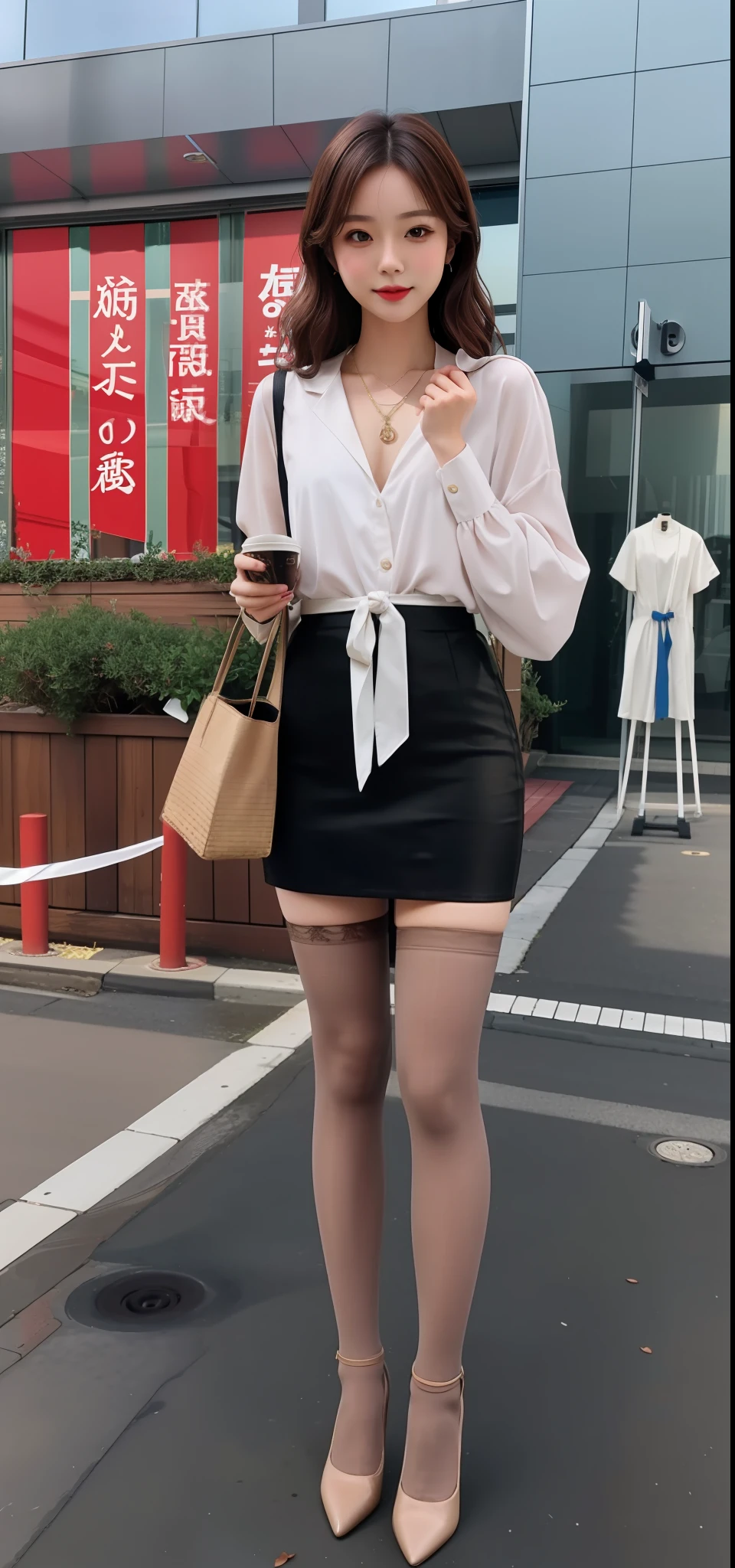 Full body photo of beautiful sexy woman wearing short skirt and sewn stockings,Stands_straight,((独奏)),AS-Adult,high-heels,Craving sexual,medium wind_herself,(best qualtiy,A high resolution,tmasterpiece:1.4),A tall and beautiful woman,Dark brown hair in loose wavy styling,nedium breasts,Wear a pendant,Beautifully rendered details in face and skin textures,Detailed eyes,二重まぶた,Wearing flesh-colored stockings,Flesh-colored stockings,wearing silk stockings,Full-length flesh-colored stockings