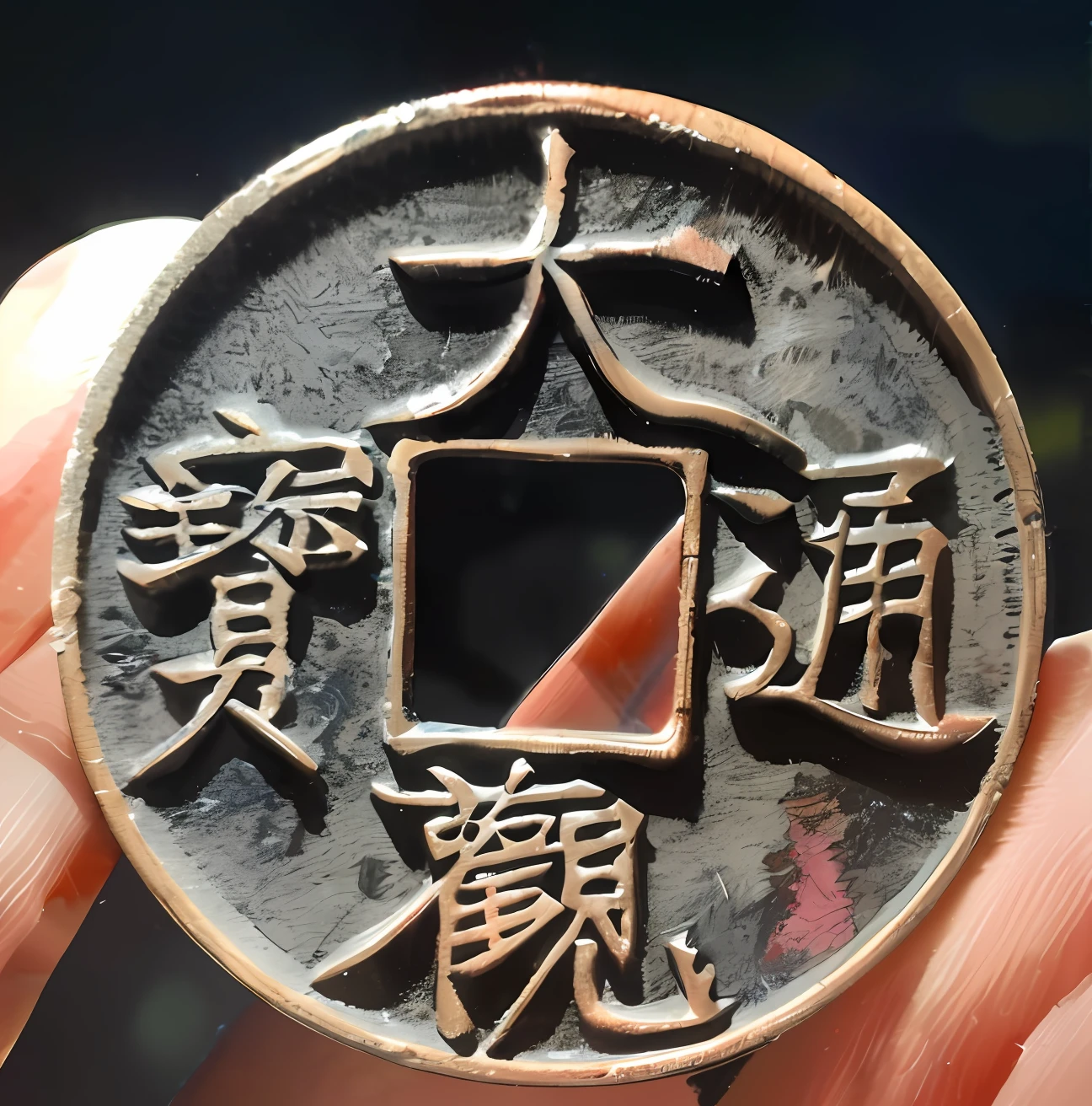 Close-up of a man holding a coin with Chinese handwriting, Coins。Ancient coins，the watercolor style，watercolor paiting，ink and watercolor painting