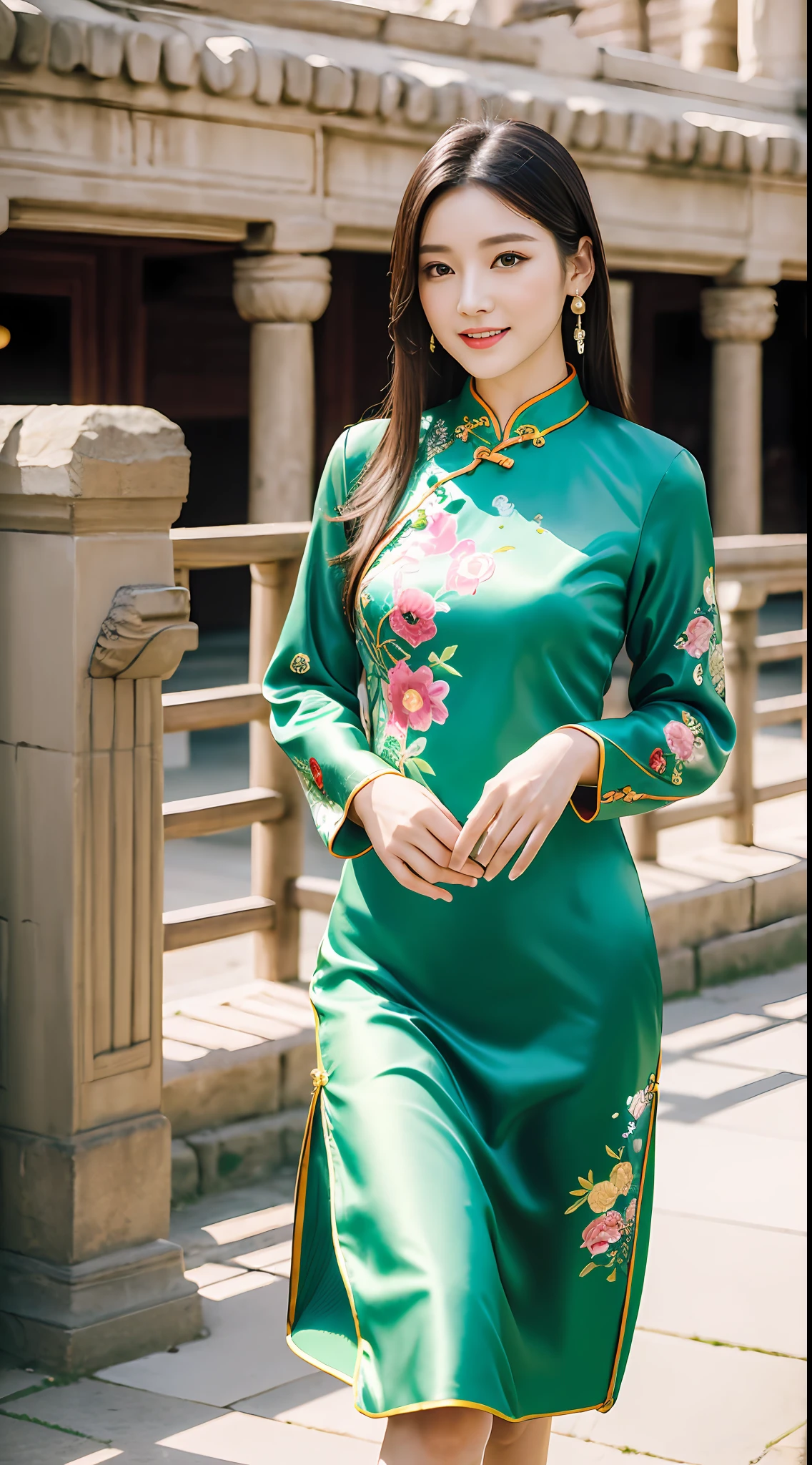 (best qualtiy,8K,32K,tmasterpiece,realisticlying,The is very detailed, hyper HD:1.2), (1girll), Young and beautiful beauty,Bright eyes,High nose,Well-proportioned facial features,ssmile, (Cropped cheongsam,Light green floral embroidered cheongsam, stocklings,standing on your feet:1.2), long leges,ear studs,A delicate face,The five features are distinct,Fair and smooth skin,Jet black hair,(Ancient city walls,City Gate),The roles are very detailed,absurderes