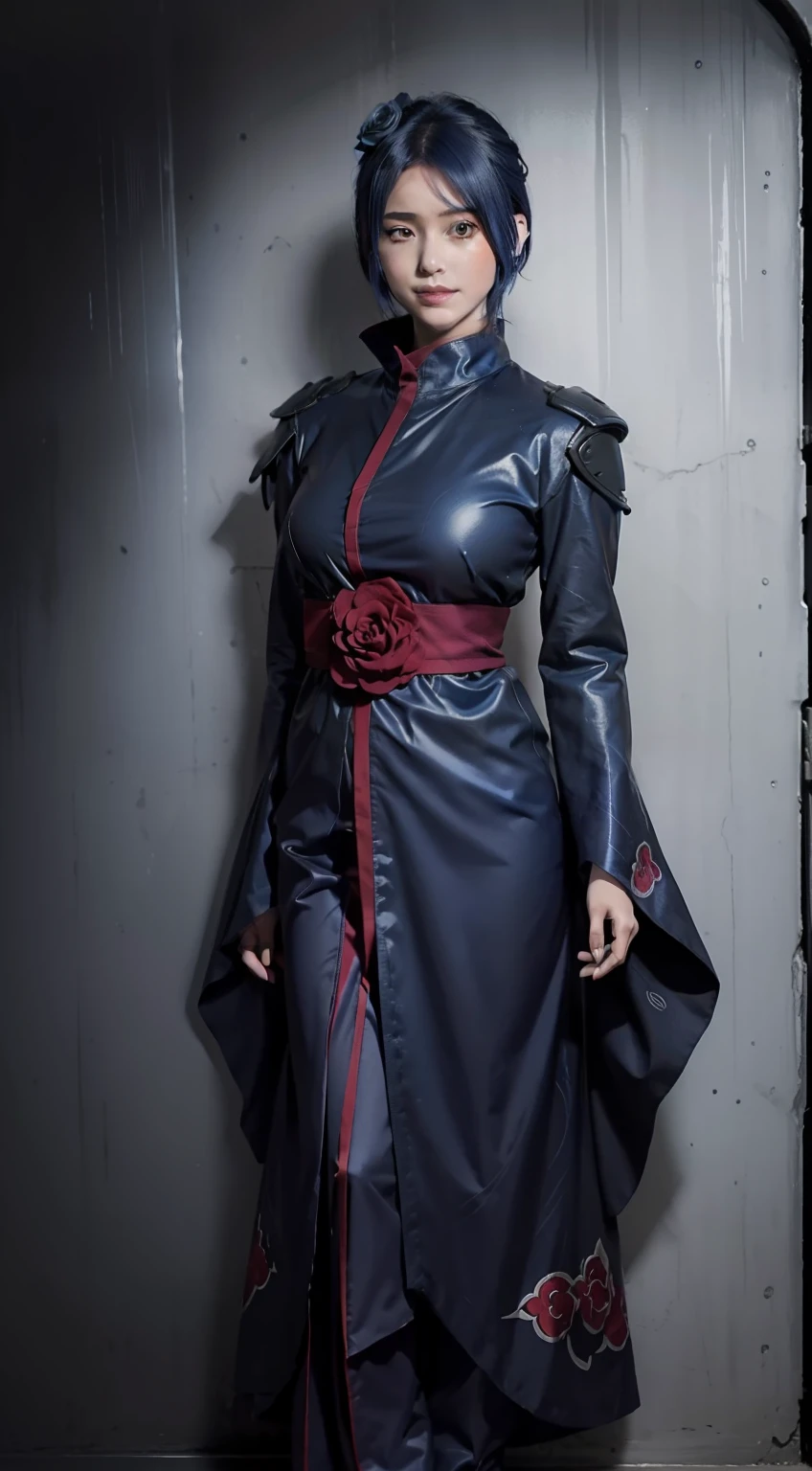 konan from anime naruto, short hair, blue hair, akatsuki robe, girl, beautiful girl, beautiful, standing, perfect body, full body, looking at viewer, smiling expression, blue rose on head, yellow eyes