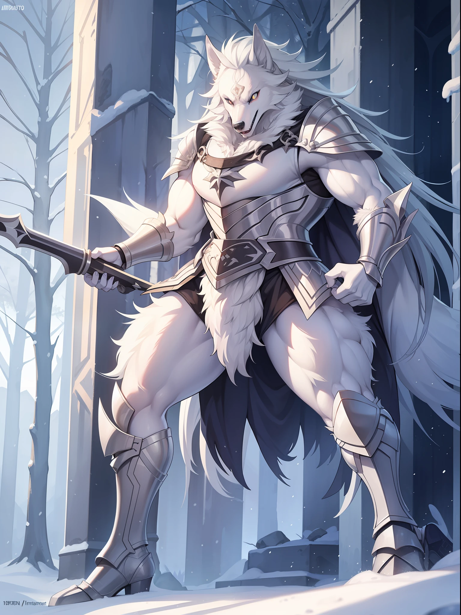 A white-haired werewolf in silver armor, Patrol the forest in winter, Heavy snowy weather, UHD, anatomically correct, super detail, best quality, high quality, 16k