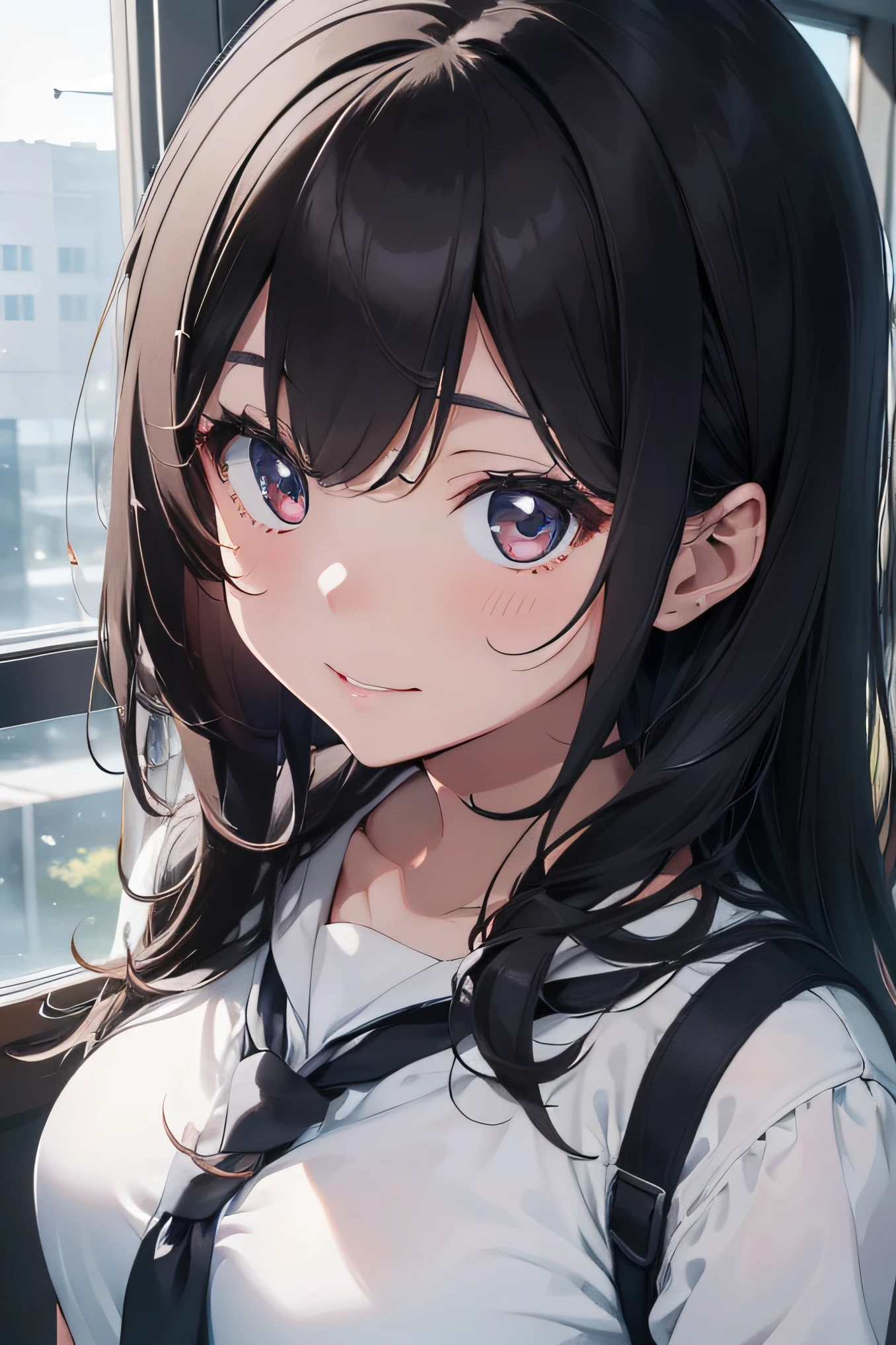 (masterpiece), best quality, expressive eyes, perfect face, create a captivating illustration of an anime girl with striking black hair, radiating beauty and a touch of playfulness. Envision her wearing a classic school uniform that perfectly complements her charming features. Pay attention to the details of the uniform, such as the style, color scheme, and any unique elements that make it stand out. Emphasize her beauty through her delicate features, such as her expressive eyes or a sweet smile that exudes innocence, let this illustration capture the girl’s irresistible charm and beauty, leaving viewers captivated by her black hair and captivated by her adorable presence in the school setting