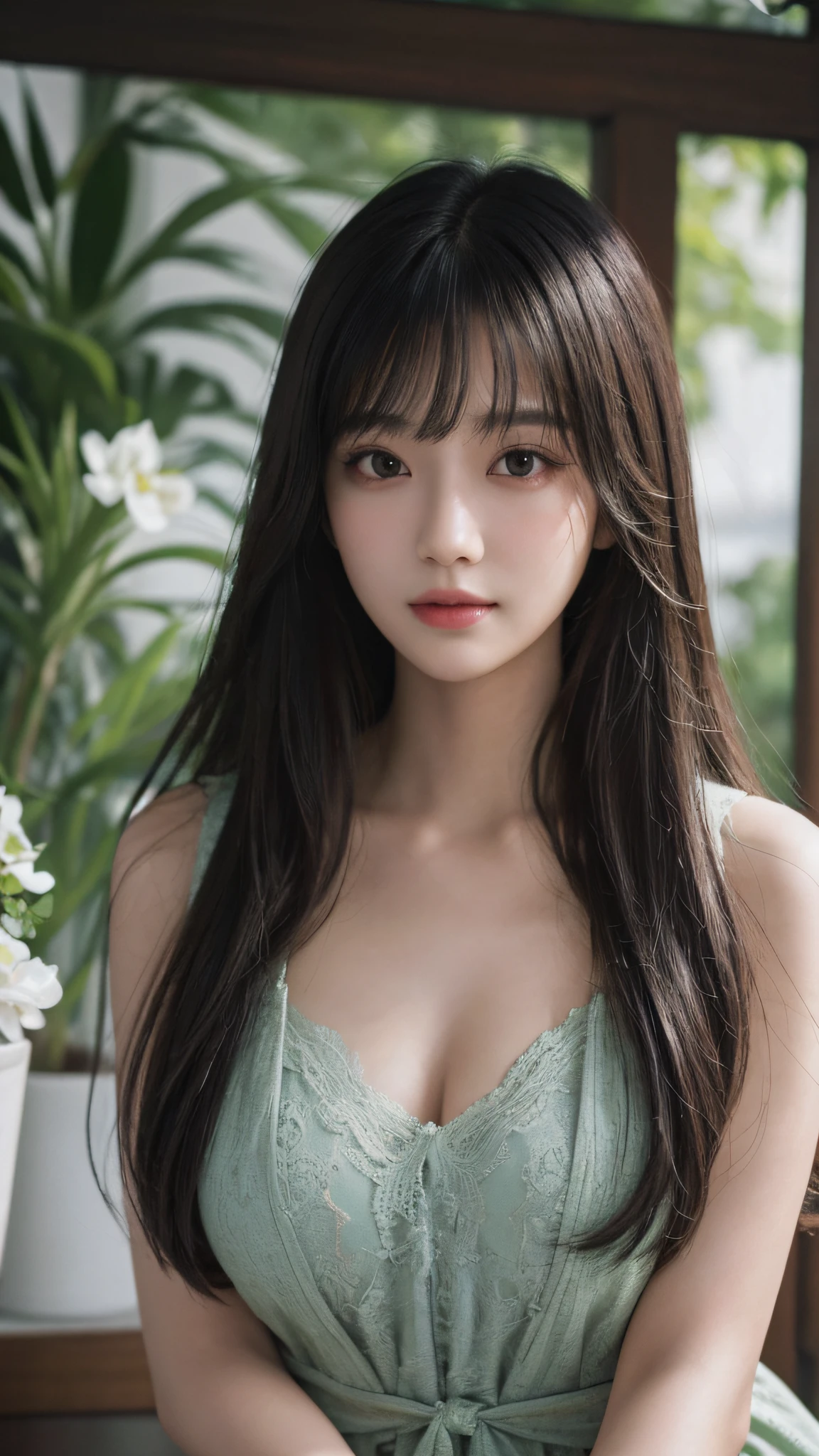 Masterpiece, best picture quality, high quality, beautiful woman, Japanese, popular Korean makeup, detailed, swollen eyes, detailed eyes, detailed skin, beautiful skin, ultra high resolution, (reality: 1.4),very beautiful, slightly younger face, beautiful skin, slender, (ultra realistic), (illustration), (high resolution), (8K), (very detailed) (best illustration), (beautifully detailed eyes), (super detailed), (wallpaper), (detailed face), looking at viewer, fine detail, detailed face, pureerosfaceace_v1, smiling, looking straight ahead, looking straight ahead, angle from waist up, realistic photo, bright lighting, professional lighting, black hair (some green), long hair, dark ruins, big red moon, gorgeous red and black dress, mature woman, long stylish bangs,