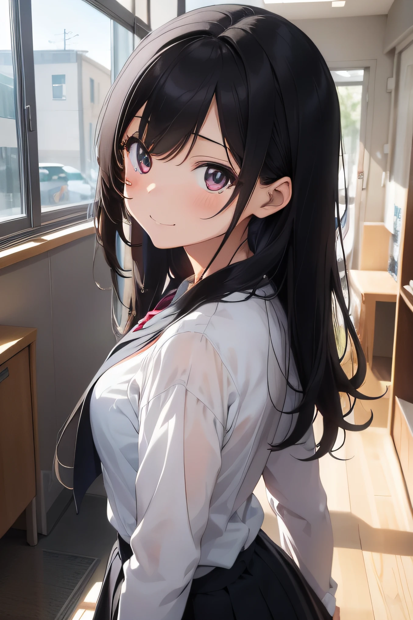 (masterpiece), best quality, expressive eyes, perfect face, create a captivating illustration of an anime girl with striking black hair, radiating beauty and a touch of playfulness. Envision her wearing a classic school uniform that perfectly complements her charming features. Pay attention to the details of the uniform, such as the style, color scheme, and any unique elements that make it stand out. Emphasize her beauty through her delicate features, such as her expressive eyes or a sweet smile that exudes innocence, let this illustration capture the girl’s irresistible charm and beauty, leaving viewers captivated by her black hair and captivated by her adorable presence in the school setting