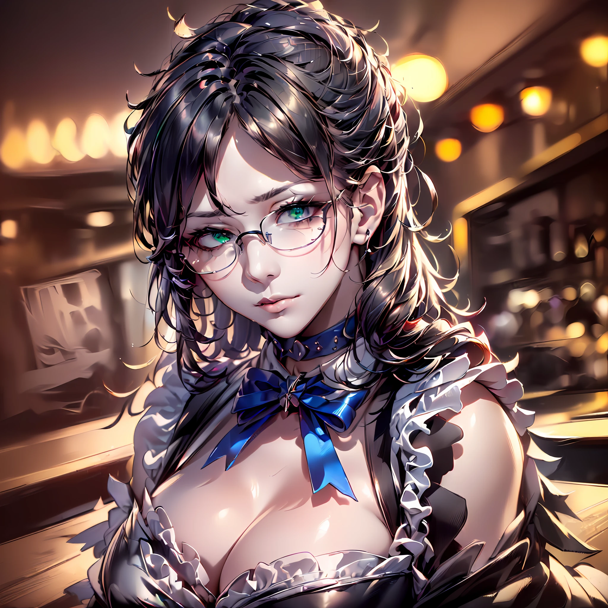 (64k, RAW photo, highres, best quality, masterpiece:2.0), (ultra-fine depiction of the detail:2.0), (realistic, beautiful, photo-realistic:1.3), 1girl, (yuri alpha), (long black hair, slightly messy), (slightly messy diagonal bangs:1.1), (single braid bun), (shiny black hair, blue-gray eyes),(cool glasses), (gothic style vivid blue choker), (blue bowtie and ribbon) (simple but high-quality maid dress), (elaborately designed, vivid dark emerald green, spiked gantlets), (solemn maid dress with gothic style coreset), (huge breasts, sexy cleavage), (elegant and handsome woman), (shiny skin, pink lips), (looking at the viewer), (closed mouth, a faint smile), (a caring, gentle gaze towards the viewer:1.2), (at a quiet bar counter, in the night, filled with solemn, mysterious atmosphere), (highly sophisticated professional HDR, with effective ambient occlusion, perfectly optimized effective spot light and front light:1.8), (perfect, natural, harmonious composition), (photo-realistic, ultra-detailed:1.5), ((portrait:1.6))
