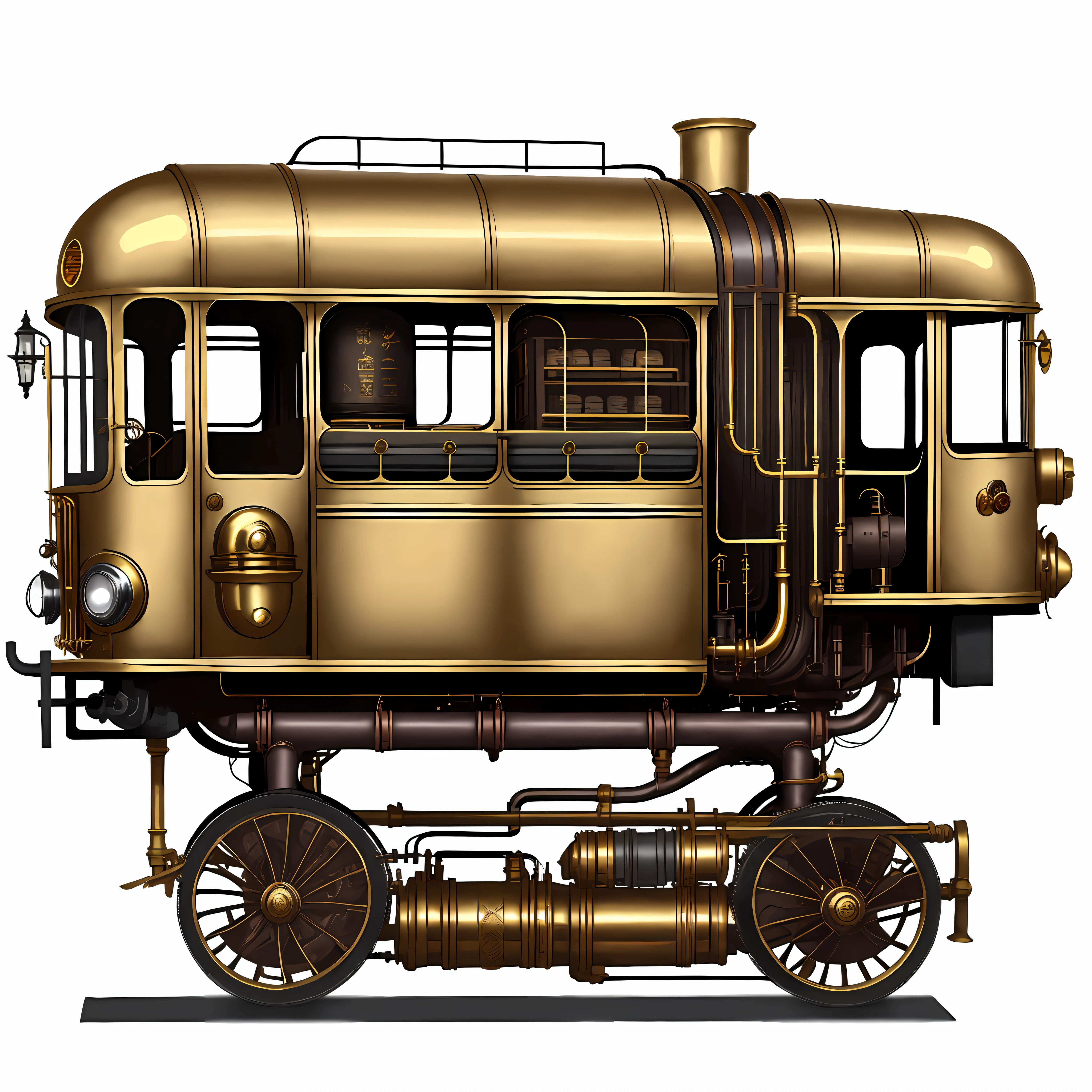 school bus、steampunc、from side view、brass、steel、Great photos of pipes、White background