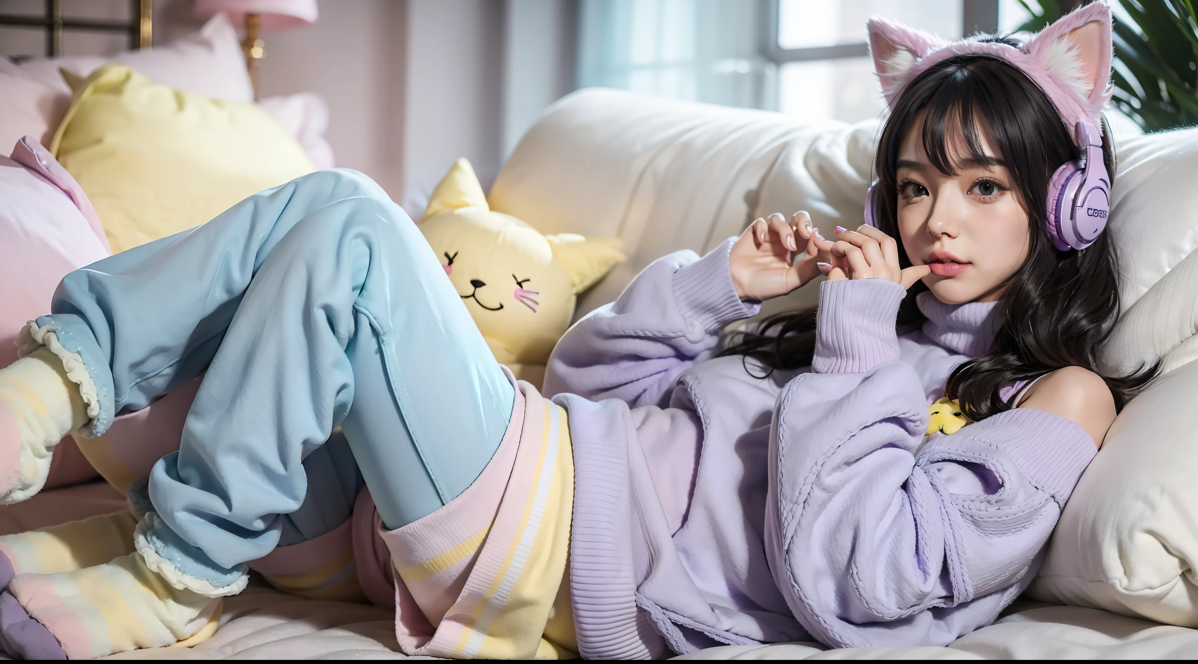 cat girl, solo, gloves, fluffy clothes, pants, sweater, sleeves, socks, slippers, pastel colors, (purple, blue, pink, yellow), cozy, dreamy, stars, stickers, bubbles, glitter, sparkles, plushies, headphones