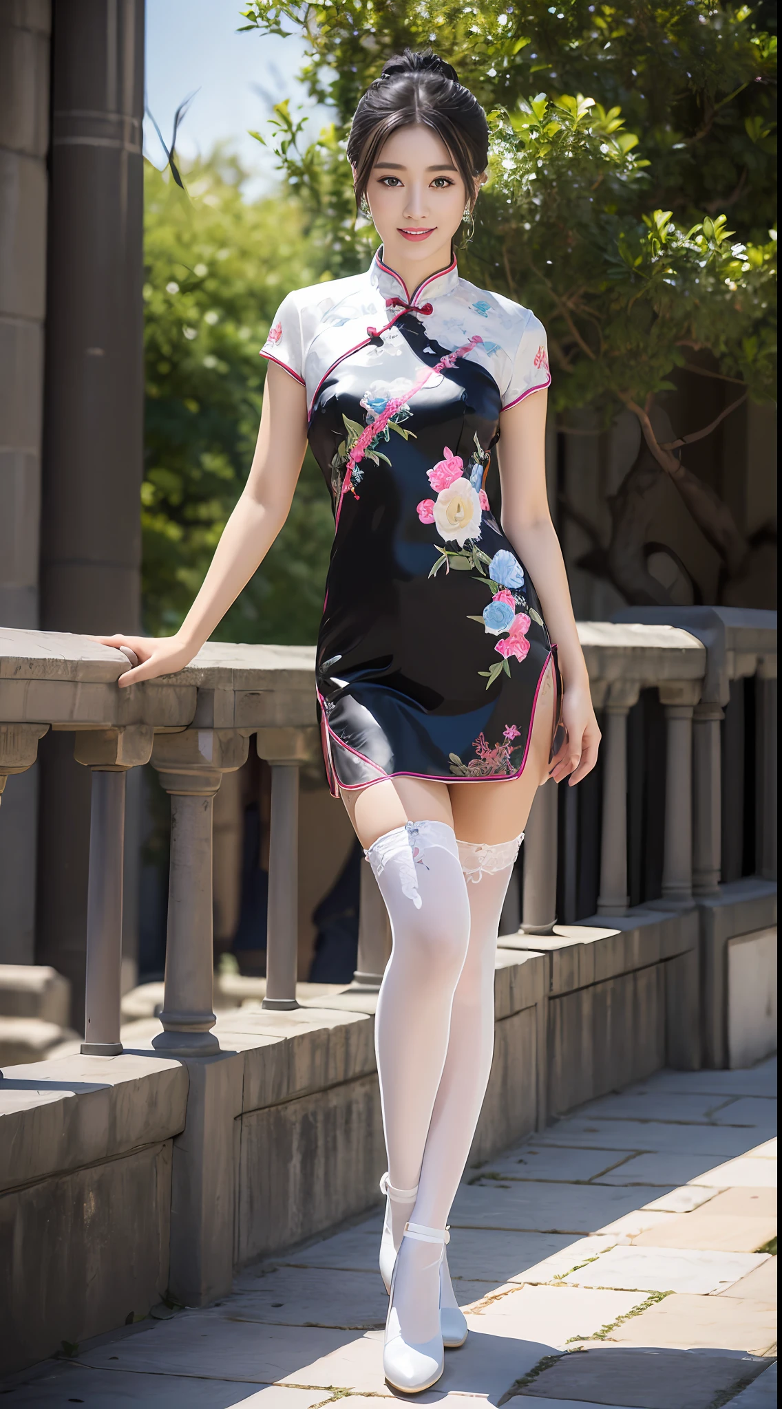 (best qualtiy,8K,32K,tmasterpiece,realisticlying,The is very detailed, hyper HD:1.2), (1girll), Young and beautiful beauty,Bright eyes,High nose,Well-proportioned facial features,ssmile, (Cropped cheongsam,Off-white embroidered cheongsam, black lence stockings:1.3,standing on your feet:1.2), long leges,ear studs,A delicate face,The five features are distinct,Fair and smooth skin,Jet black hair,(Ancient city walls,City Gate),The roles are very detailed,absurderes
