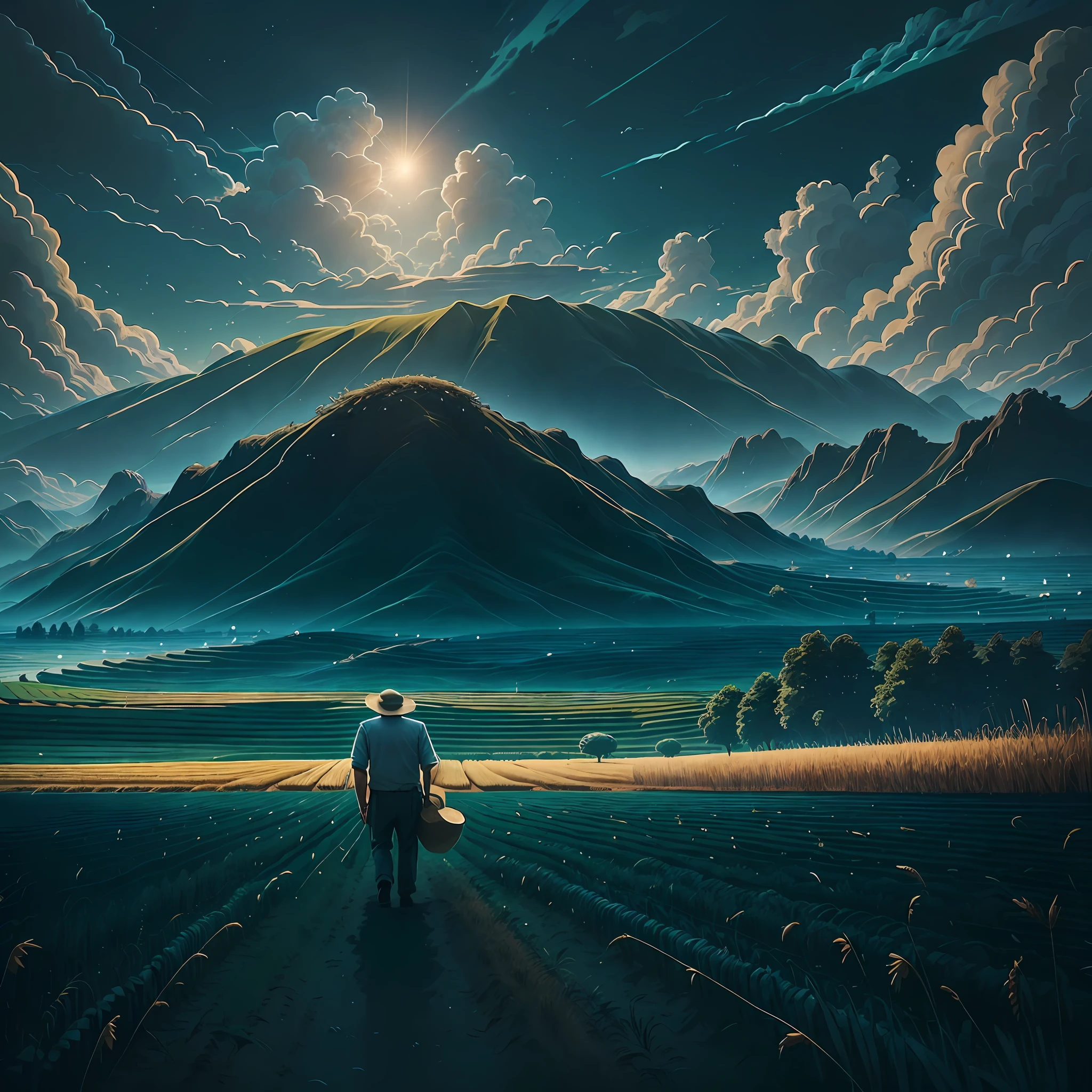 Wheat field, a farmer uncle with a straw hat standing in a wheat field, big clouds, blue sky, rice field, neat rice seedlings in the field, forest, hillside, secluded, rural, HD detail, hyper-detail, cinematic, surrealism, soft light, deep field focus bokeh, ray tracing and surrealism. --v6