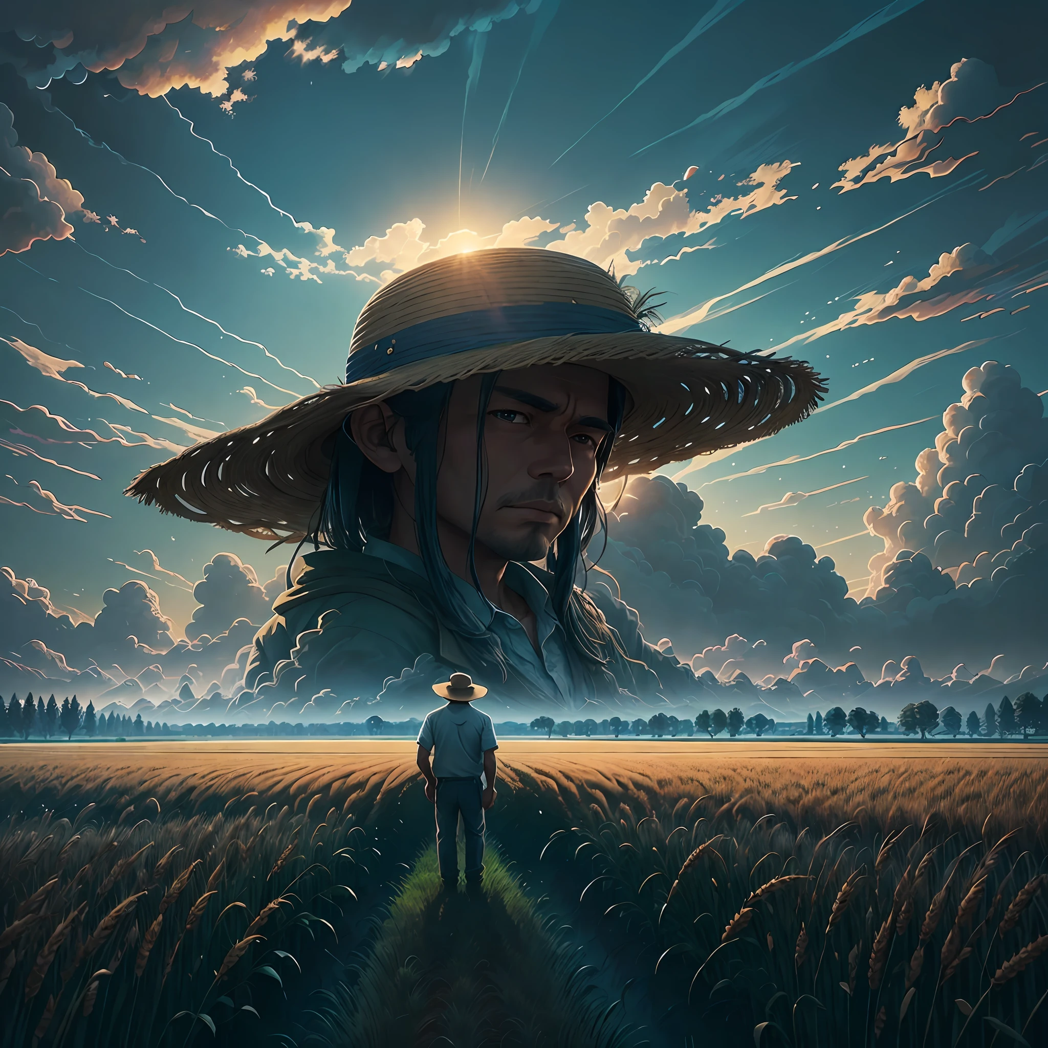 Wheat field, a farmer uncle with a straw hat standing in a wheat field, big clouds, blue sky, rice field, neat rice seedlings in the field, forest, hillside, secluded, rural, HD detail, hyper-detail, cinematic, surrealism, soft light, deep field focus bokeh, ray tracing and surrealism. --v6