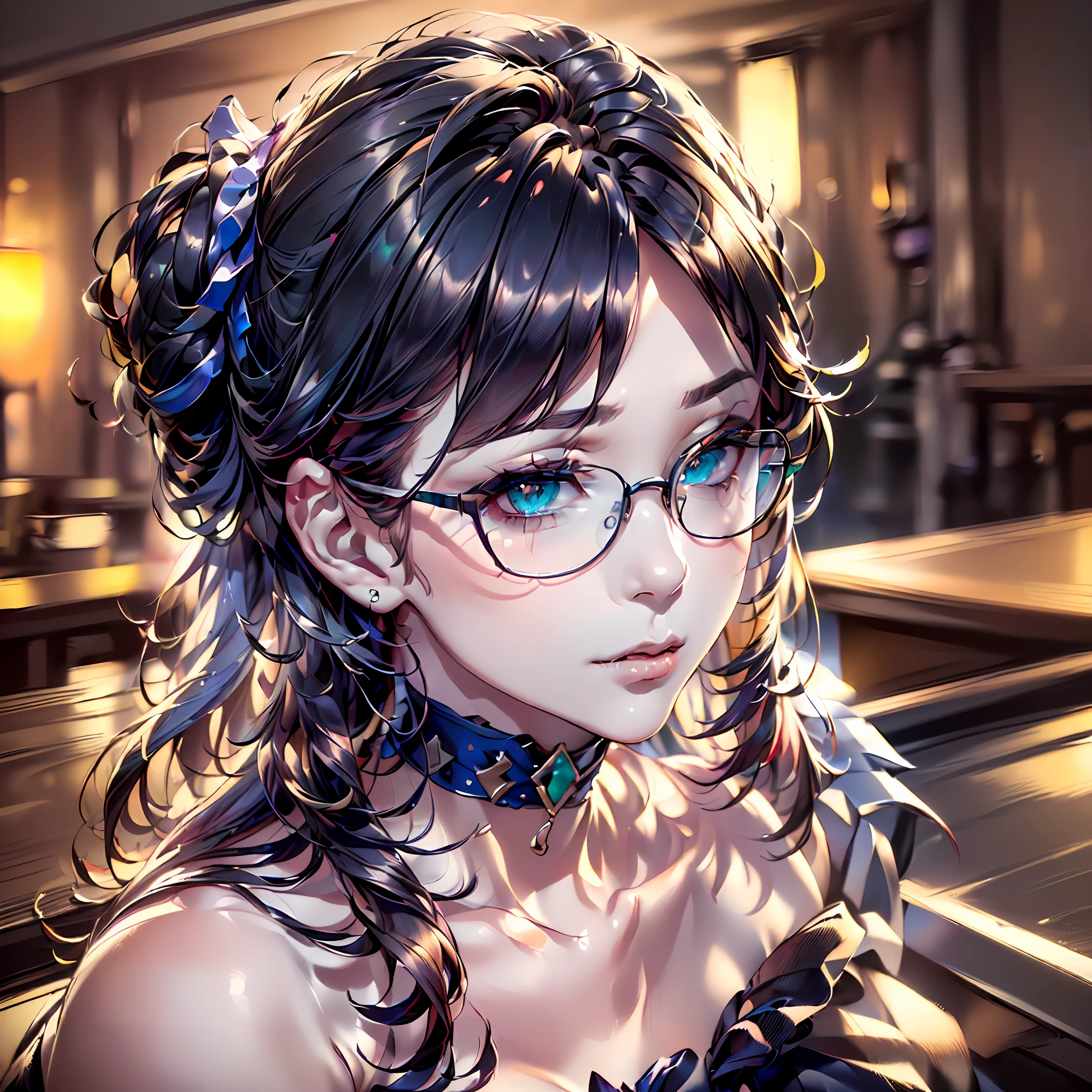 (64k, RAW photo, highres, best quality, masterpiece:2.0), (ultra-fine depiction of the detail:2.0), (realistic, beautiful, photo-realistic:1.3), 1girl, (yuri alpha), (long black hair, slightly messy), (slightly messy diagonal bangs:1.1), (single braid bun), (shiny black hair, blue-gray eyes),(cool glasses), (gothic style vivid blue choker), (blue bowtie and ribbon) (simple but high-quality maid dress), (elaborately designed, vivid dark emerald green, spiked gantlets), (solemn maid dress with gothic style coreset), (huge breasts, sexy cleavage), (elegant and handsome woman), (shiny skin, pink lips), (looking at the viewer), (closed mouth, a faint smile), (a caring, gentle gaze towards the viewer:1.2), (at a quiet bar counter, in the night, filled with solemn, mysterious atmosphere), (highly sophisticated professional HDR, with effective ambient occlusion, perfectly optimized effective spot light and front light:1.8), (perfect, natural, harmonious composition), (photo-realistic, ultra-detailed:1.5), ((portrait:1.6))