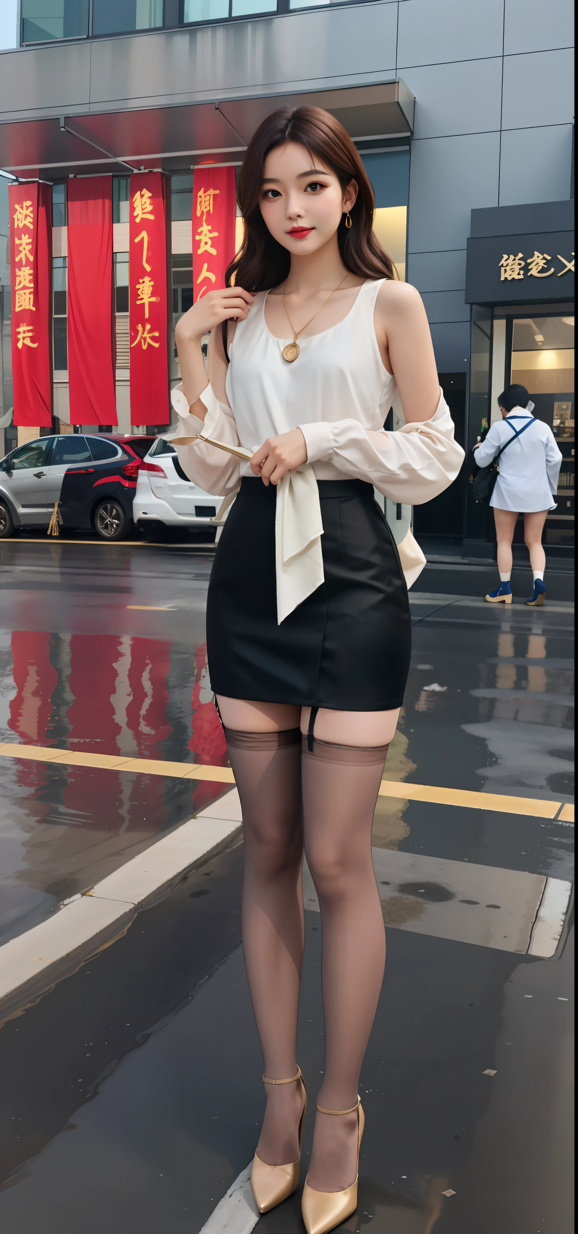 Full body photo of beautiful sexy woman wearing short skirt and sewn stockings,Stands_straight,((独奏)),AS-Adult,high-heels,Craving sexual,medium wind_herself,(best qualtiy,A high resolution,tmasterpiece:1.4),A tall and beautiful woman,Dark brown hair in loose wavy styling,nedium breasts,Wear a pendant,Beautifully rendered details in face and skin textures,Detailed eyes,二重まぶた,Wearing flesh-colored stockings,Flesh-colored stockings,wearing silk stockings,Full-length flesh-colored stockings