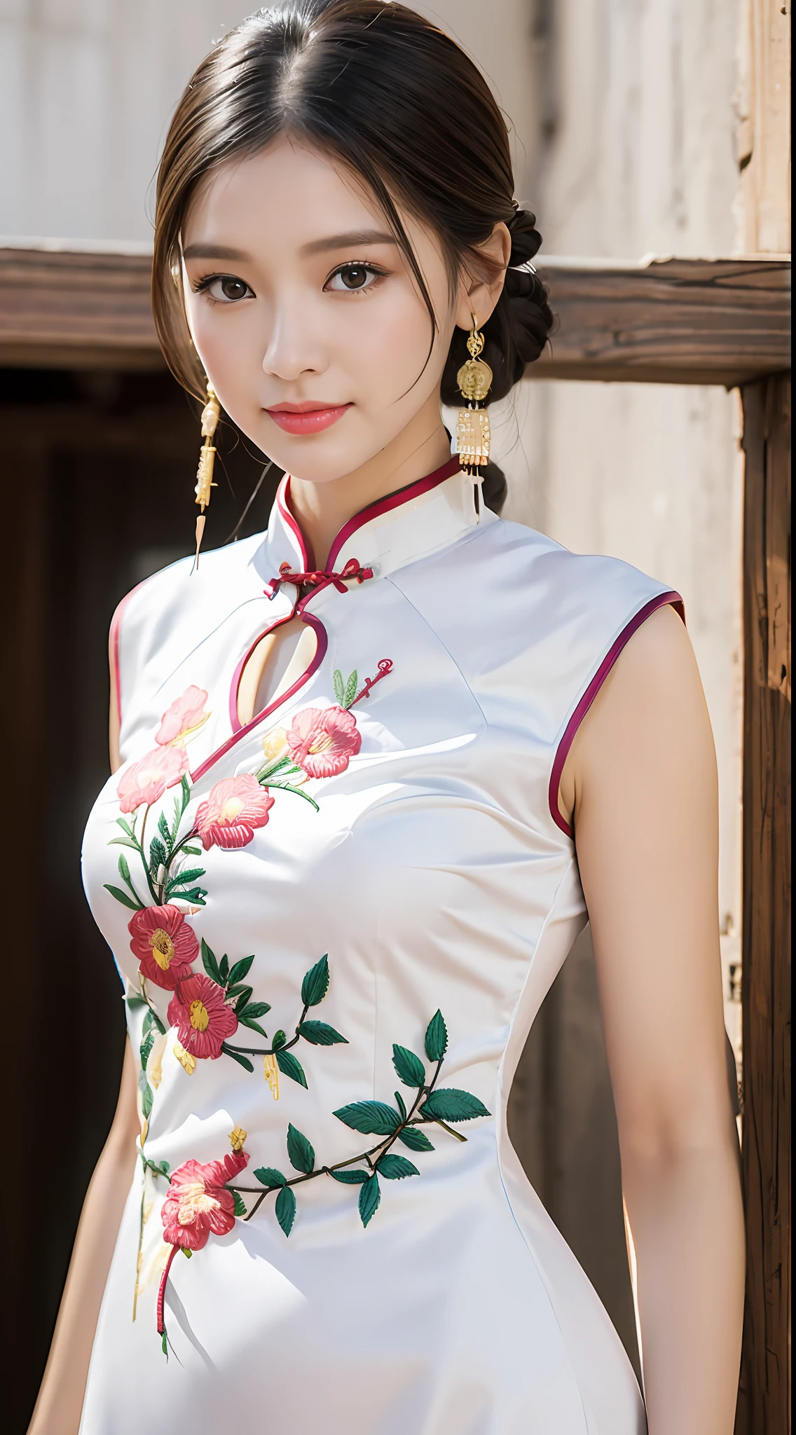 (best qualtiy,8K,32K,tmasterpiece,realisticlying,The is very detailed, hyper HD:1.2), (1girll), Young and beautiful beauty,Bright eyes,High nose,Well-proportioned facial features,ssmile, (Cropped cheongsam,Off-white embroidered cheongsam, stocklings:1.1,standing on your feet:1.2), long leges,ear studs,A delicate face,The five features are distinct,Fair and smooth skin,Jet black hair,(Ancient city walls,City Gate),The roles are very detailed,absurderes