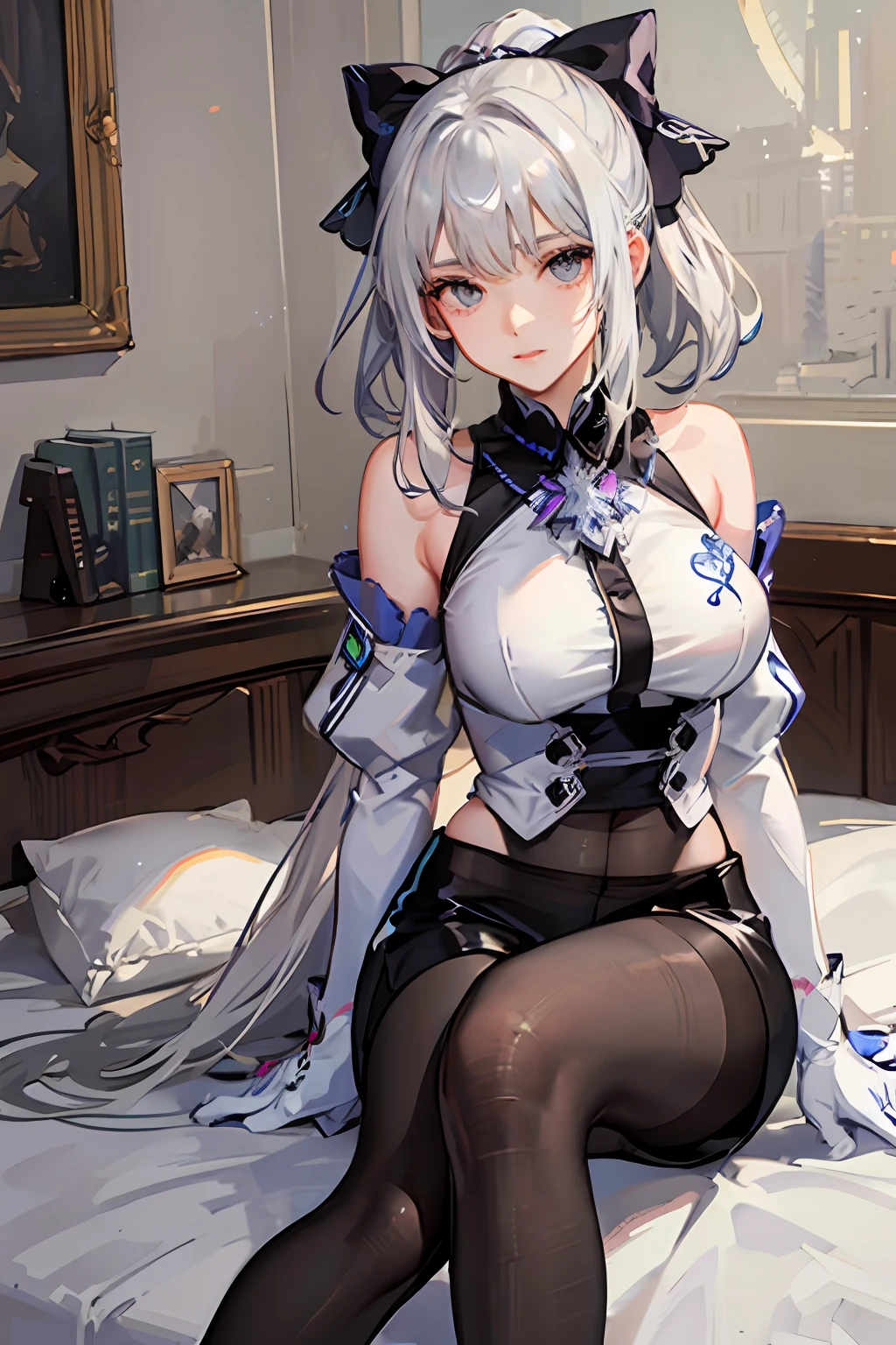 (((1 girl)),ray tracing,(dim lighting),[detailed background (bedroom)),((silver hair)),((silver hair)),(Fluffy silver hair, plump slender girl)) with high ponytail)))) Avoid blonde eyes in the ominous bedroom ((((Girl wears intricately embroidered black high-waisted pants with pantyhose) and white ruffled bow gloves), showing a delicate slim figure and graceful curves, correct limbs, sitting on the bed
