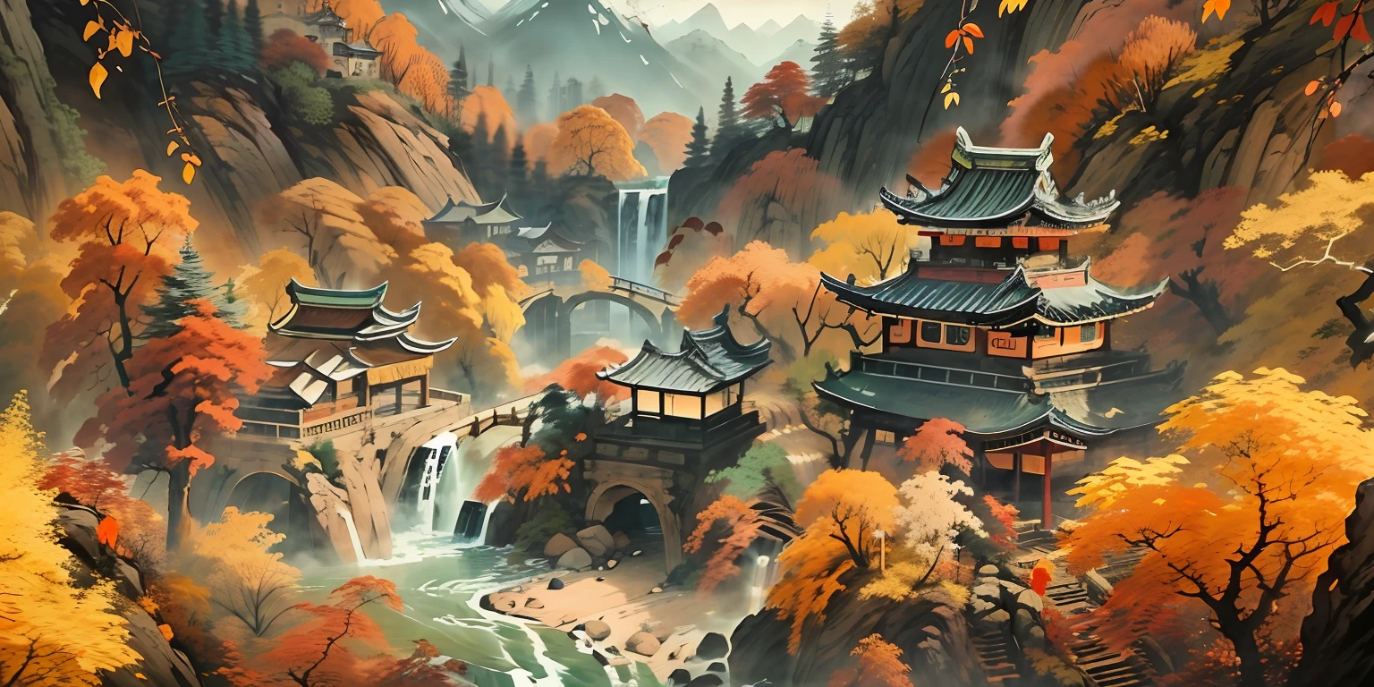 (super wide shot),(Best Masterpiece),8K,An ancient Chinese town nestled in the hills of the mountains,Densely wooded,fall foliage,The stream is babbling,The visuals are beautiful and beautiful,full of sunlight,Autumn landscape,Greenish-yellow,fall foliage,