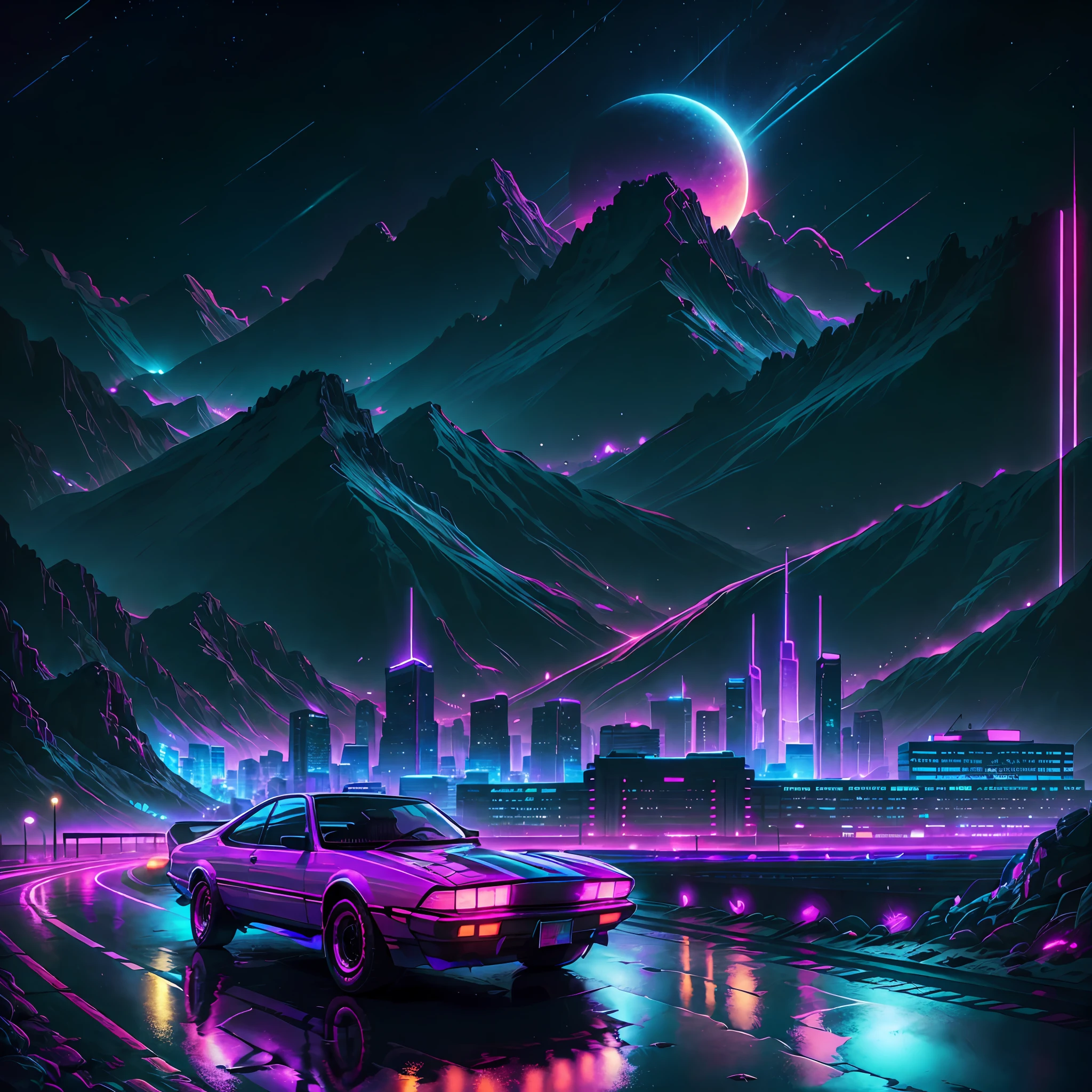 retrowave. city, car, road,  purple neon lights, sun, mountain, 
(masterpiece,detailed,highres),