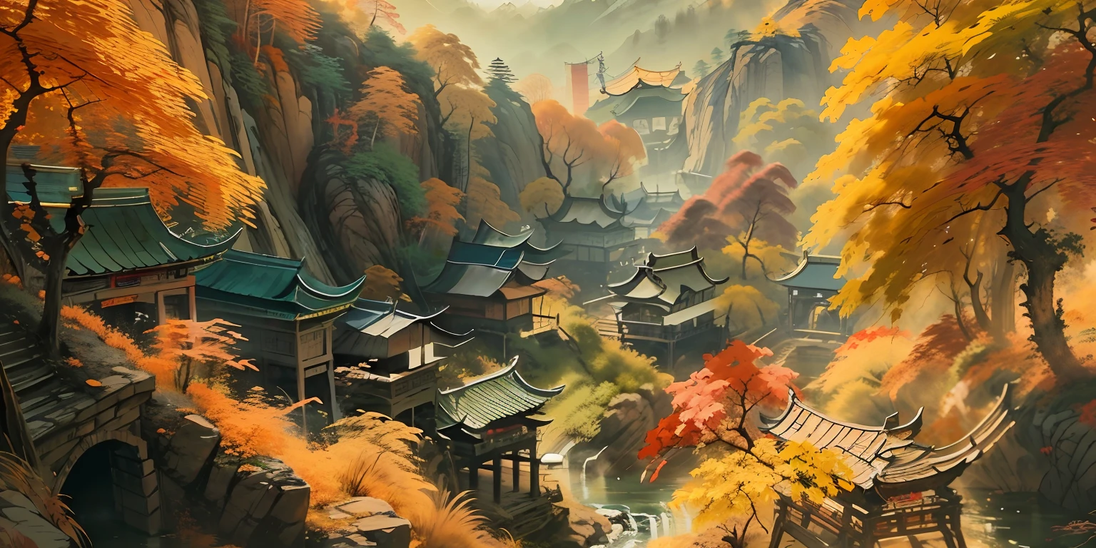 (super wide shot),(Best Masterpiece),8K,An ancient Chinese town nestled in the hills of the mountains,Densely wooded,fall foliage,The stream is babbling,The visuals are beautiful and beautiful,full of sunlight,Autumn landscape,Greenish-yellow,fall foliage,