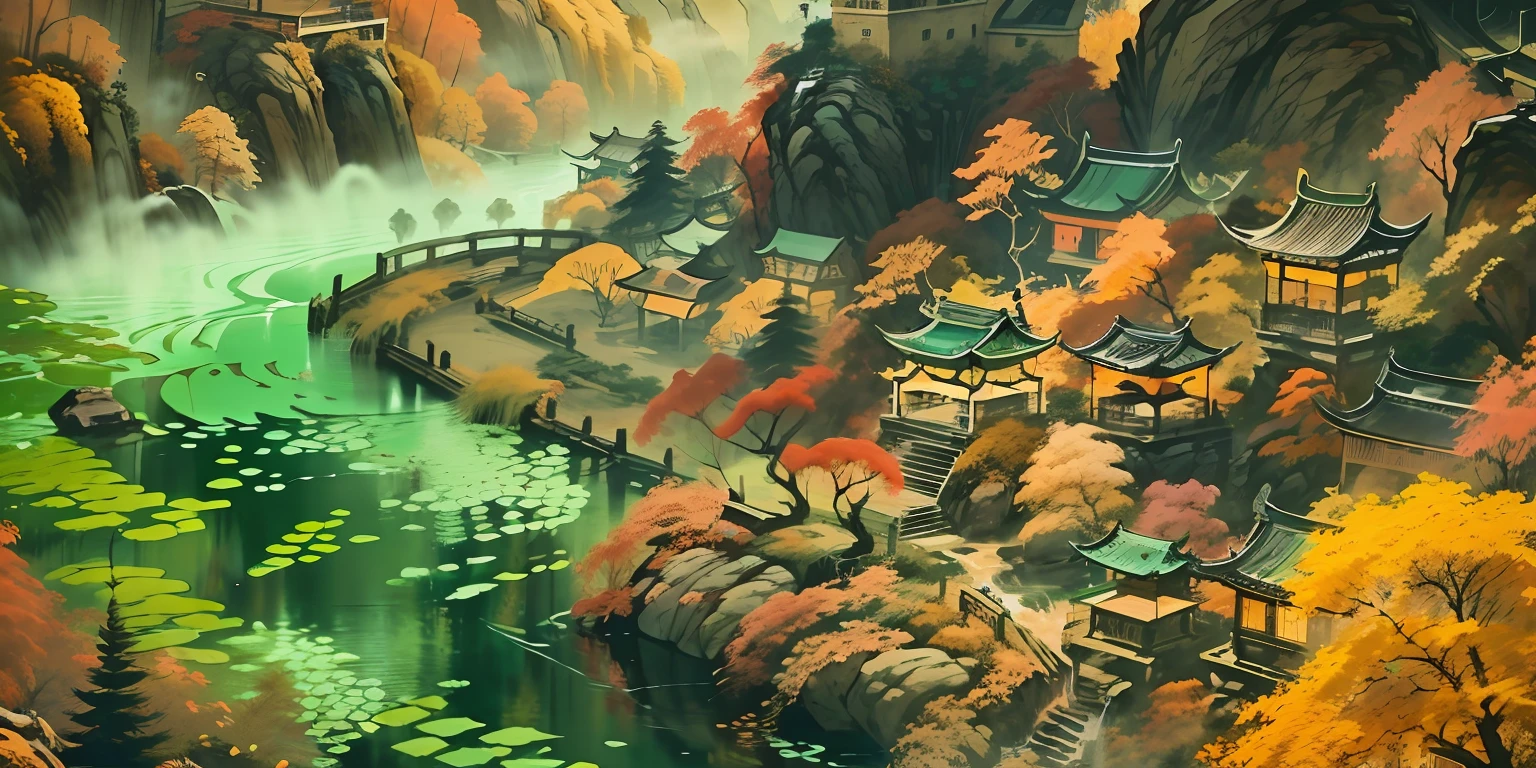 (super wide shot),(Best Masterpiece),8K,An ancient Chinese town nestled in the hills of the mountains,Densely wooded,fall foliage,The stream is babbling,The visuals are beautiful and beautiful,full of sunlight,Autumn landscape,Greenish-yellow,fall foliage,
