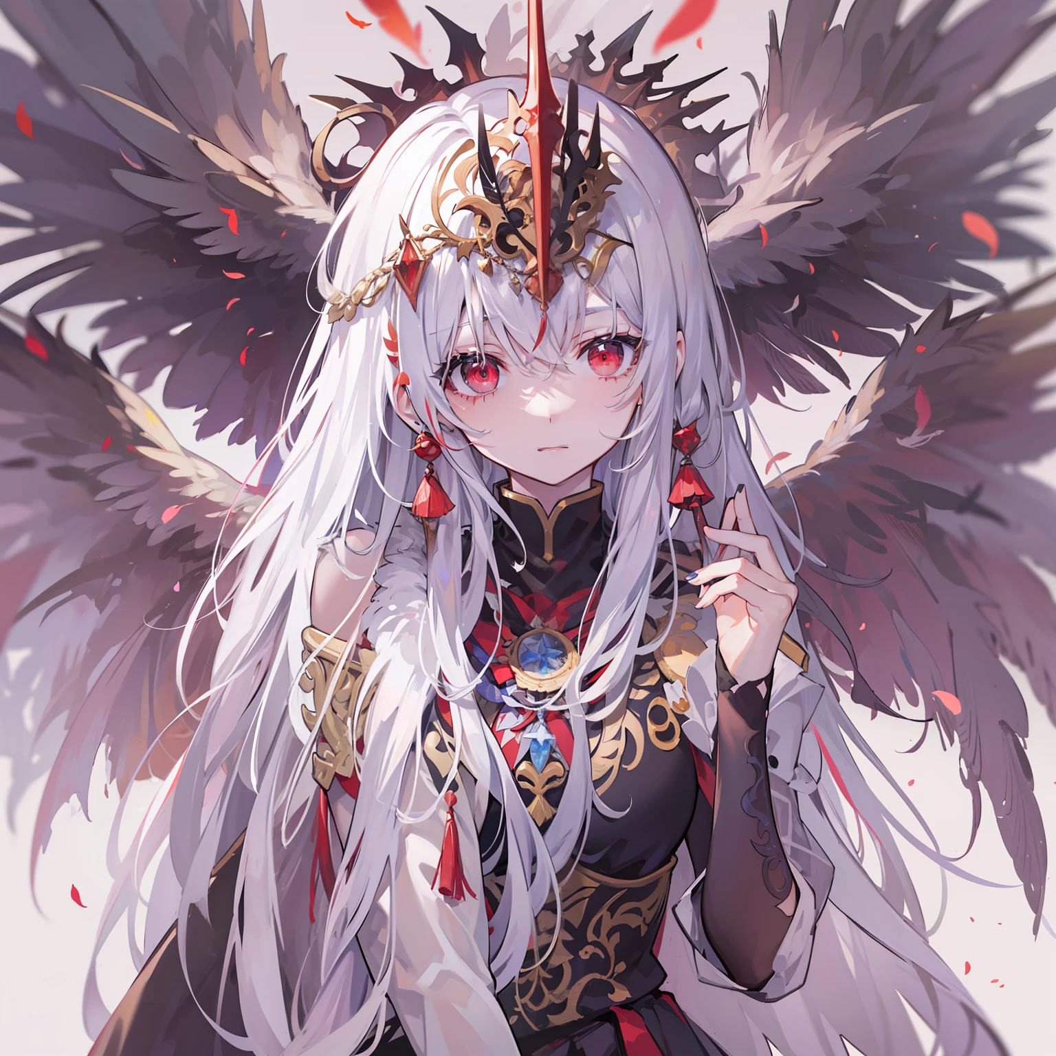 tmasterpiece，best qualtiy，White hair，Pale red eyes，long whitr hair，gothic clothing，long  skirt，medal。Behind him are flying feathers，golden headdress，high and cold