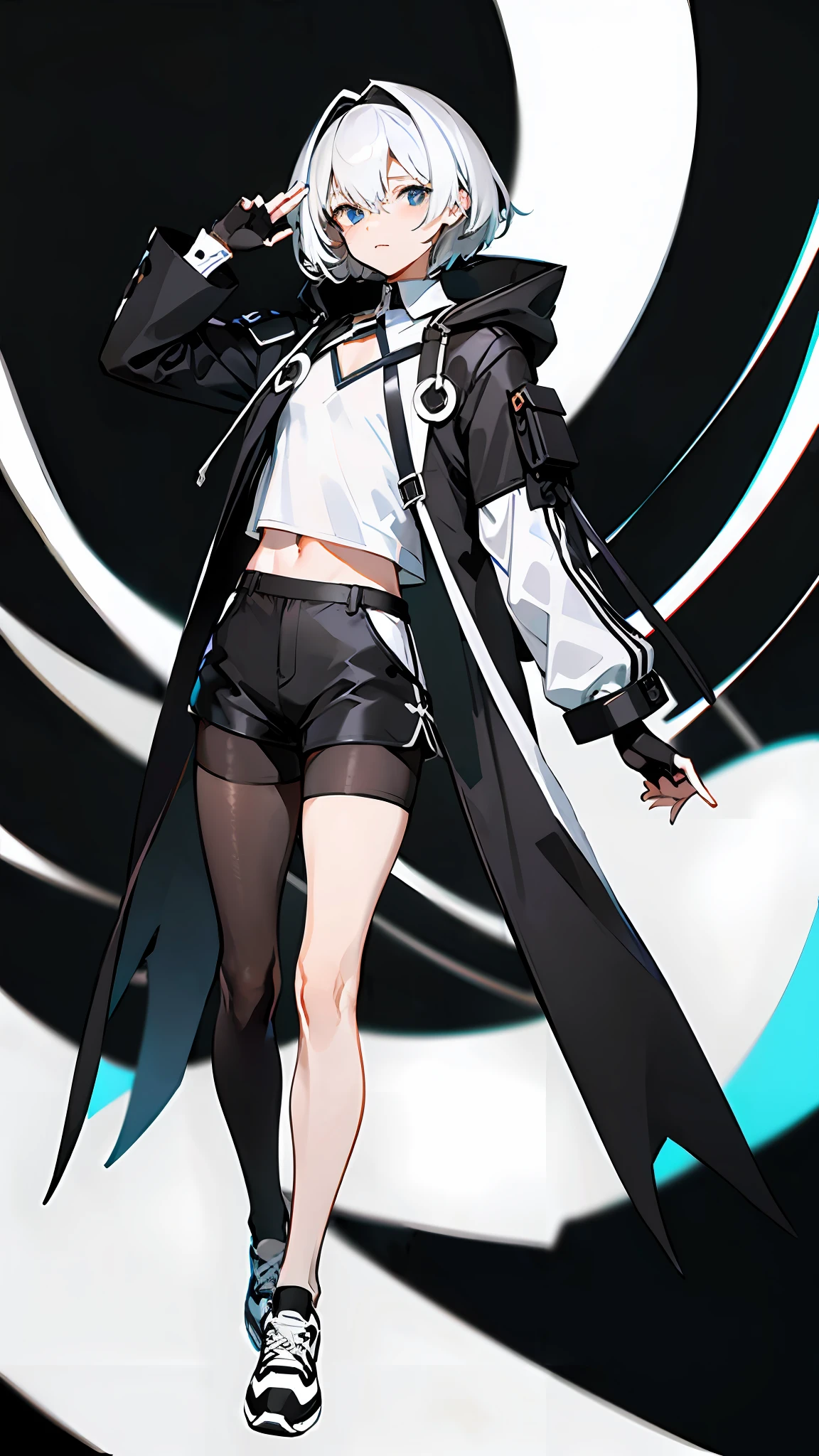 Masterpiece, Best quality, Solo,Boy, Pantyhose, White hair,Short hair, (White shirt:1.4),(Black shorts:1.5), blackfootwear, full bodyesbian, Black pantyhose, shirt, Shorts, Coat, Open coat, view the viewer, Hood, Sneakers, Open clothes, Black coat, (Flat chest:1.7), No breasts,Long sleeves, bangs, Fingerless gloves, Short hair, hair between eye,Black background