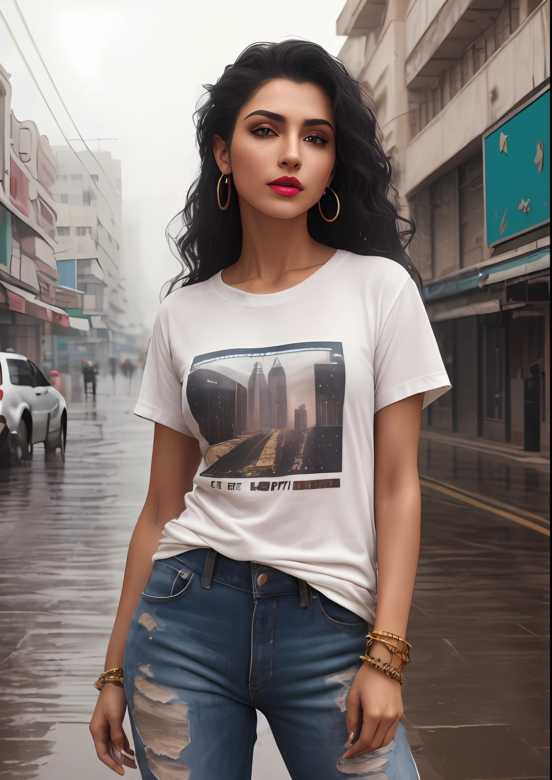 natural skin texture, 24mm, 4k textures, soft cinematic light, adobe lightroom, photolab, hdr, (full shot body:1.4) photo of tirkish woman, soviet union, 70s, retrofuturism, masterpiece, (photorealistic:1.4), best quality, ((old torn white Teeshirt with skinny torn jeans, perfect legs, dirty clothes)) beautiful lighting, ((old torn clothes, dirty))lying beaten on the ground, rain, mud, puddles, braided hairstyle, ray tracing, space background, ( very detailed background, detailed complex busy background : 1.4 ), sharp focus, volumetric fog, 8k uhd, dslr, high quality, film grain, ((depressive mood)), photorealism, lomography , at ( A sprawling soviet metropolis in a future dystopia ), view from below , translucency , (HDR:1.2), wearing basic white dirty Teeshirt, full body length, Black baggy plain tee-shirt, short sleeves tee-shirt, high ponytail, Iranian beauty, ankel Boots, whitened detailed skin, perfect toned body, 25 year old, ((Best Quality, 8k, Masterpiece:1.3)), Focus: 1.2, Perfect Body Beauty: 1.4, front looking 1.2, (black wavy short hairstyle)), 25 years old Arabian beauty, (Round neck plain Black Baggy Tee-shirt, baggy style, full length:1.1) , (rainy day, Street:1.3), Damage grey jeans, full length dark gray tight rip jeans: 1.1, Highly detailed face and skin texture, highly detailed hand fingers, highly detailed nose, highly detailed fingers nails, Detailed eyes, Double eyelids, toned body, Whitened skin, black wavy hair, Large prominent breasts, visible, no bra underneath, firm thighs, looking at camera, fashion shoot style, full body length tee-shirt, Short sleeves, small earrings, lots of fashion hand bands, bangle's, golden watch. Carrying brown leather hand bag, Red lipstick, regular fit Tee-shirt without print, long street, buildings, cars headlights on, rainy weather, wet hairs in rain, wet Teeshirt, dark cloud's, walking style, middle eastern beautiful women, model shoot, building's, neon signs, Smokey atmosphere, open leg's,