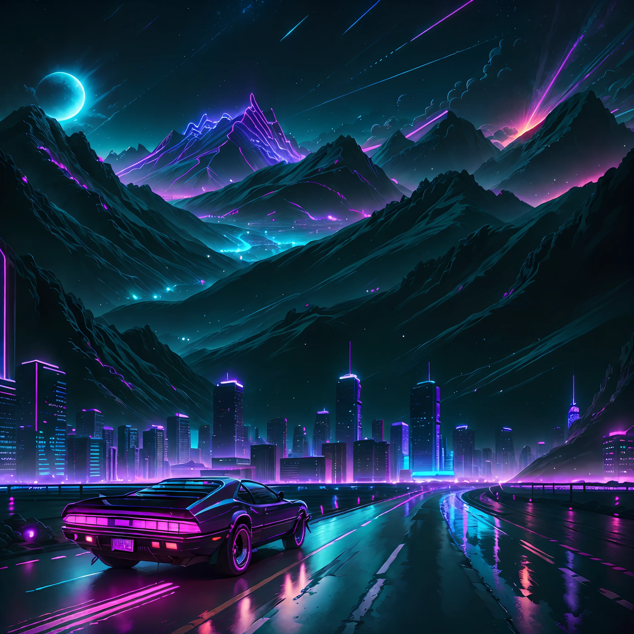 retrowave. city, car, road, purple neon lights, sun, mountain,
(masterpiece,detailed,highres),