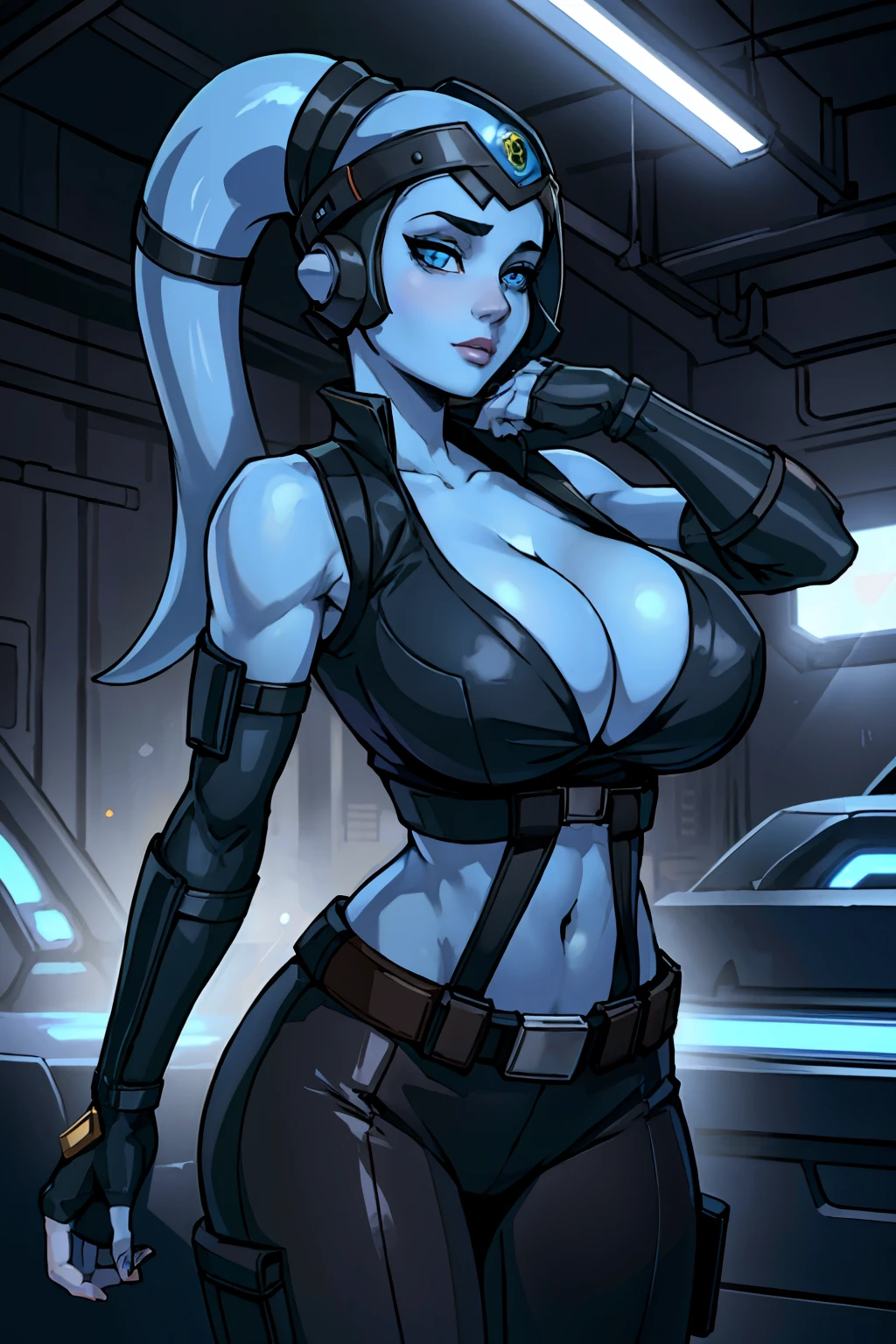 (masterpiece:1.2, best quality:1.2, beautiful, high quality, highres:1.1, aesthetic), detailed, extremely detailed, ambient soft lighting, 4K, perfect eyes, perfect face, perfect lighting, 1girl, (((blue skin)), twi'lek), (wearing black sleeveless shirt, grey utility vest, utility belt, fingerless gloves, tight pants, long boots, ((busty), slender body, thin, slim sexy body, slim waist, (((huge breasts), big cleavage))), futuristic warehouse, Star Wars,