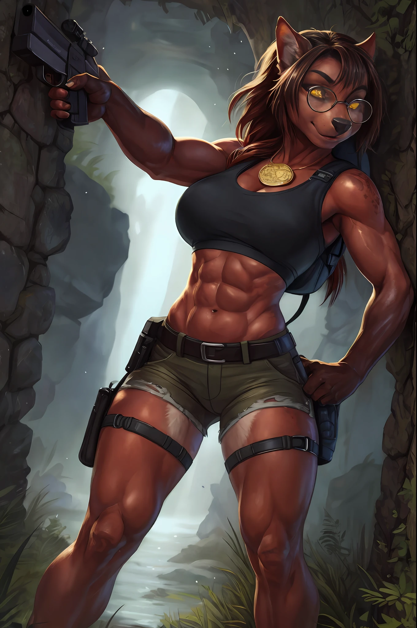 on e621, solo, (beautiful female:1.3), (Meru, Merunyaa),  ( fit, abs),( busty ), (Large erect breasts:1.2), erect nippleslips,  slim waist, cameltoe, (red hair),long braid, freckles ( Meru | Lara Croft ), (((female))),(female body),  slim sports body, BREAK
red body, (1demon tail),  ( kemono :0), red skin, shining oily skin, (2short horns), Half-nude,  BREAK
( khaki shorts ),  BREAK 
(lightblue crop top:1.2), (crop top opened bottom:1.2), [[slim swimsuit]], BREAK
( 2pistolholsters on her both thighs ), (thigh knife strap), wide belt, leather straps on hips and biceps,    
( 1small backpack on her back:1.2), army boots,  black leather tactic fingerless gloves, BREAK
( (red) round glasses :1.2), (red glasses),  BREAK
ancient medallion around the neck (between her boobs),
    
(body portrait),              
(detailed eyes, detailed cat-pupils, yellow eyes, glowing eyes), BREAK
outdoors,   
tomb raider, in ancient tomb, light of torches,
on darkness background, reflections of lights,   
(particles ,firefly, blue glowing, bioluminescence ),romantic mood, BREAK
seeker of adventures, tomb raider,

(2 pistols), (2guns aiming at you) , (presenting 2 guns in her hands), (guns Akimbo), serious look,   BREAK

detailed background, photorealistic, sharp focused pupils, realistic hands, 8k HD, high res, hi-res, 
(dark shadows, wide dynamic range, hdr, low light:1.2),
by Pino Daeni, by ruaidri, by virtyalfobo, by Kenket, (by iskra, by darkgem, by merunyaa),