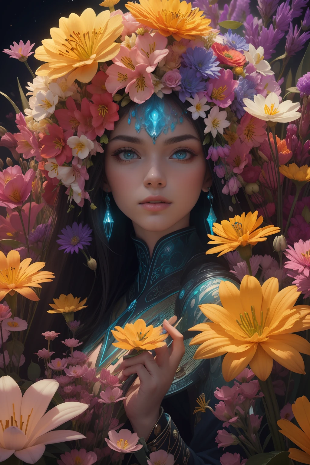 Title: Extraterrestrial Botanical EncounterYou are a skilled digital artist who finds themselves amid an unbelievable interstellar journey. While exploring a distant alien planet, you stumble upon an awe-inspiring field of colorful long-stemmed flowers unlike anything seen on Earth. These exotic blooms exude a captivating vibrancy and their unique beauty beckons you to capture their essence in a set of breathtaking images.Your task is to produce a series of high-quality images that showcase these extraordinary flowers arranged neatly in five rows of eight plants each. The arrangement will be set against a striking black background to enhance their radiant colors. also show these flowers in a nouquet The key to this project is to depict the flowers in a photorealistic style, preserving their otherworldly allure while making them appear as if they belong in our very own realm.To achieve this, you must meticulously study each flower's intricate details, ensuring no nuance is overlooked. pixie, bioluminescent mushroom multiple composite flowers, 8k photorealistic sticker, flux, with starry eyes in blue and gold patterns with lilies, head and shoulders portrait, 8k resolution concept art portrait by Greg Rutkowski, Artgerm, WLOP, Alphonse Mucha, Giuseppe Arcimboldo, intricate details, highly detailed;, dynamic lighting hyperdetailed intricately detailed Splash art trending on Artstation triadic colors Unreal Engine 5 volumetric lighting.